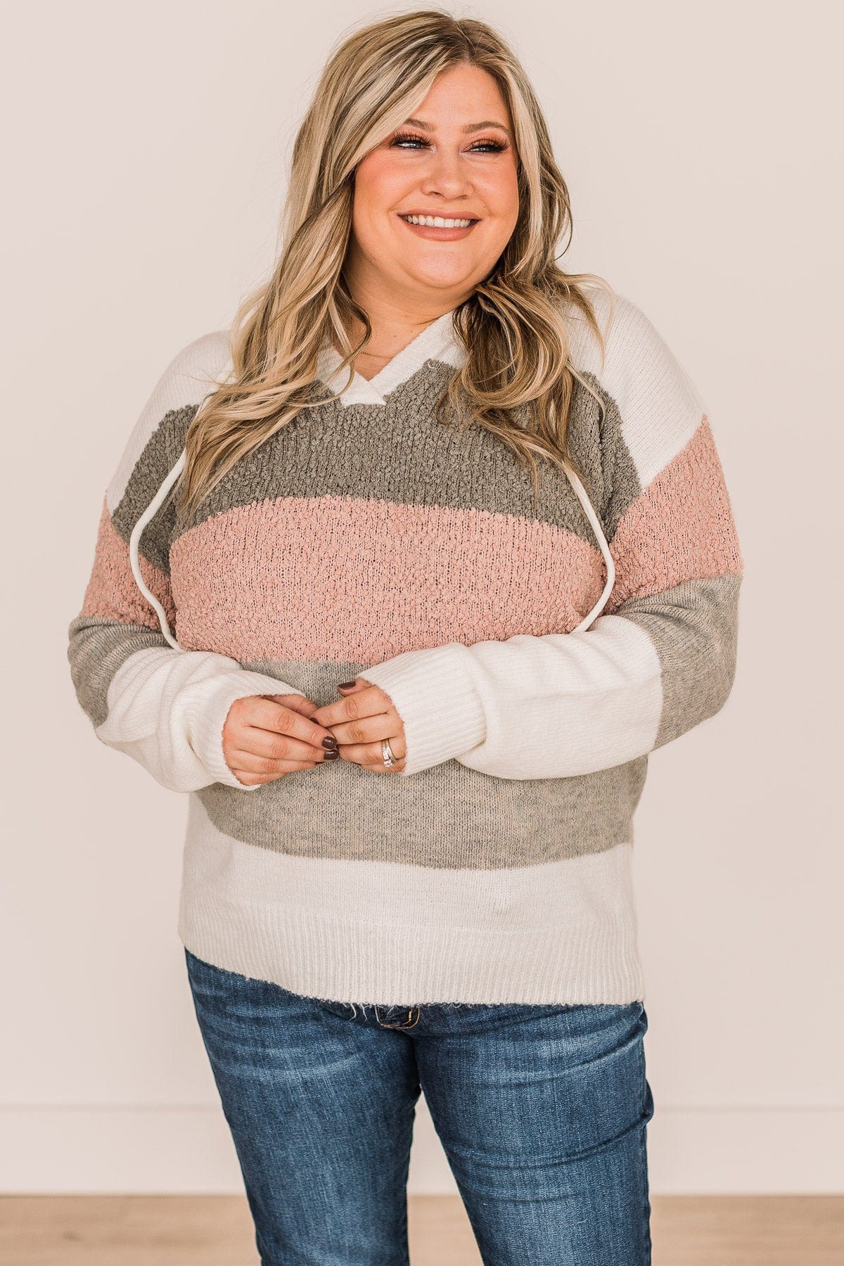 Fall For You Color Block Hooded Sweater- Ivory, Grey, & Dusty Pink - Image 4