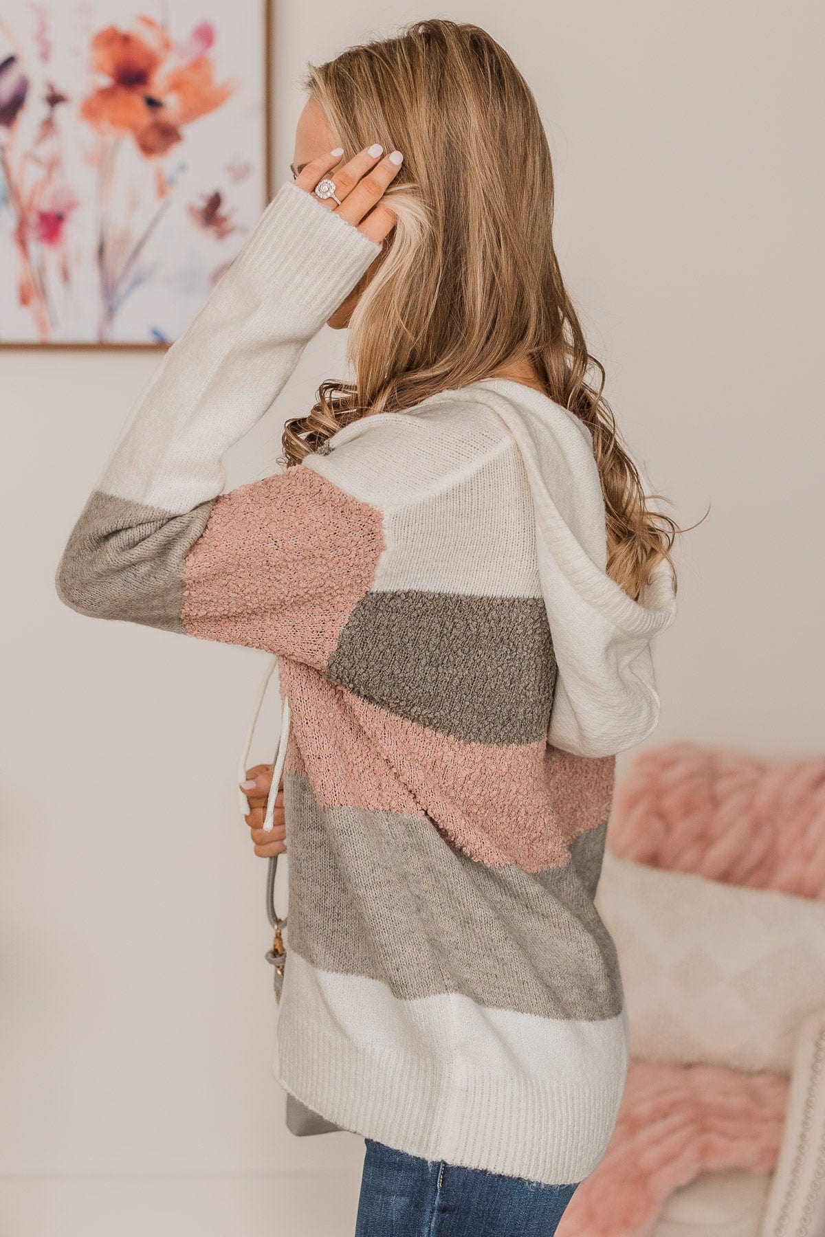 Fall For You Color Block Hooded Sweater- Ivory, Grey, & Dusty Pink - Image 5