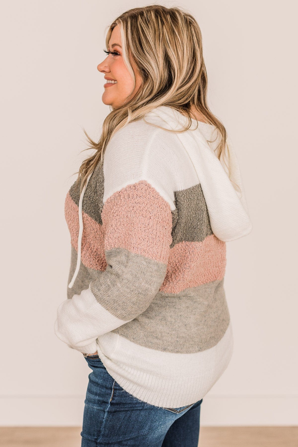Fall For You Color Block Hooded Sweater- Ivory, Grey, & Dusty Pink - Image 6