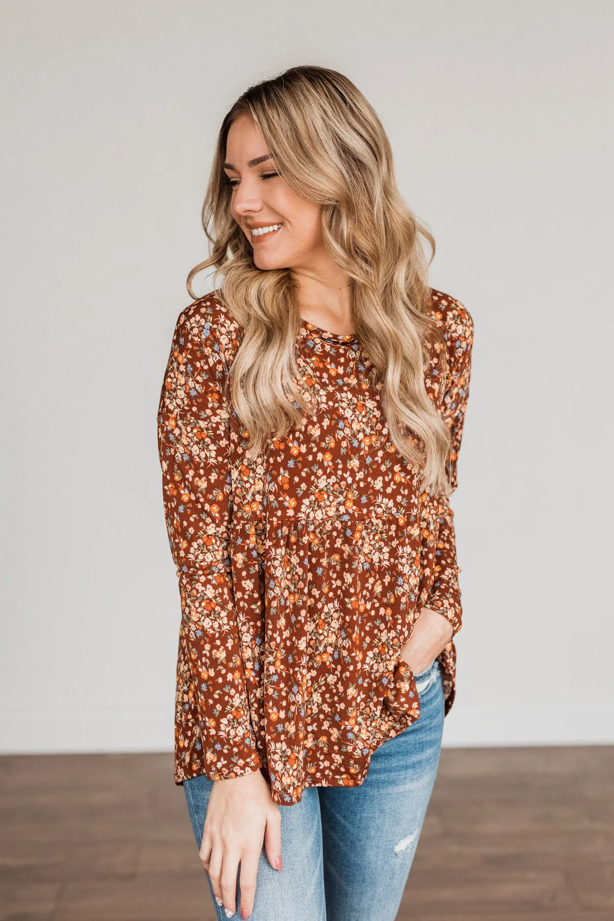 Fall Getaway Floral Babydoll Top- Rust - Image 3
