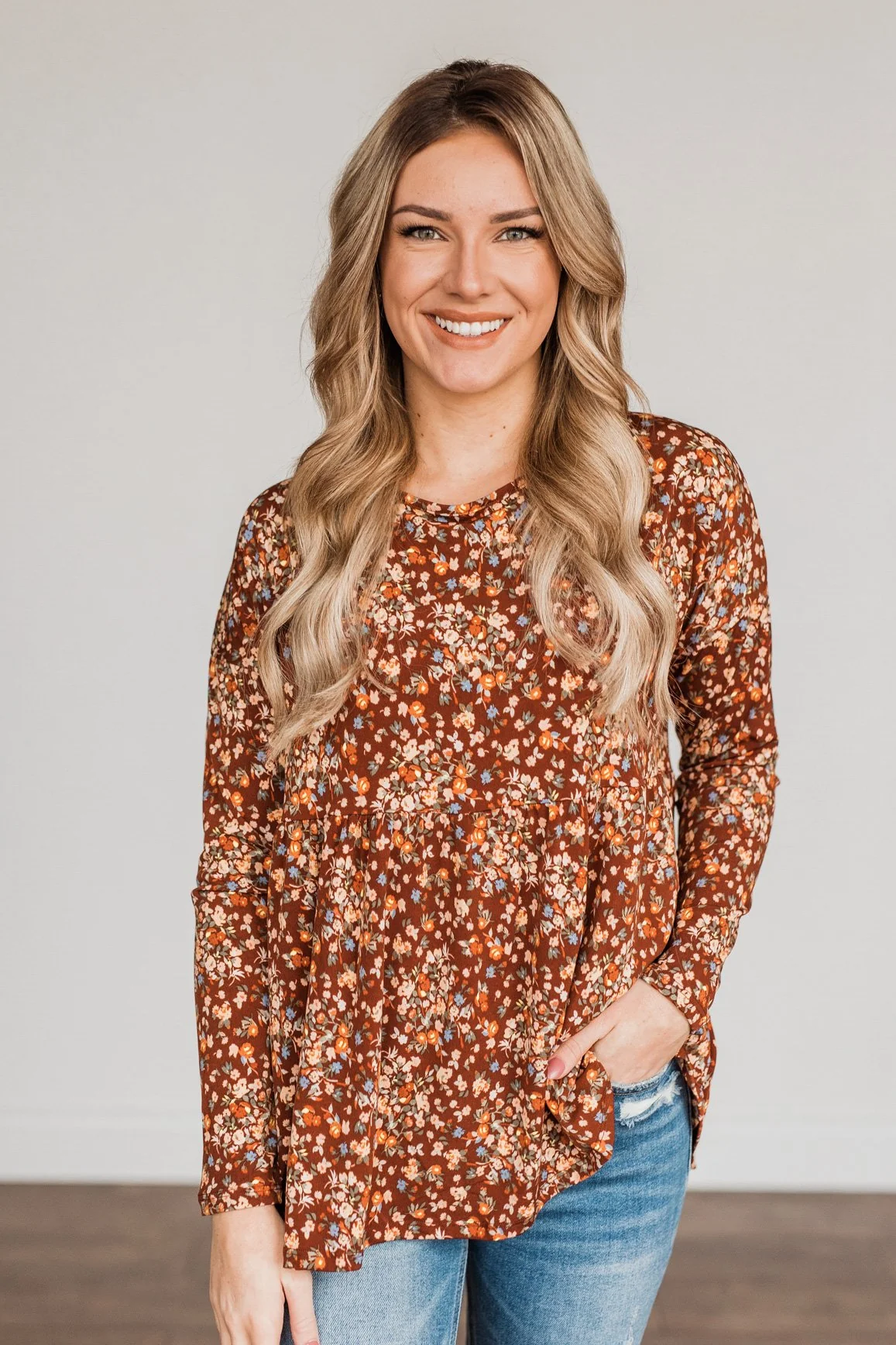 Fall Getaway Floral Babydoll Top- Rust - Image 6