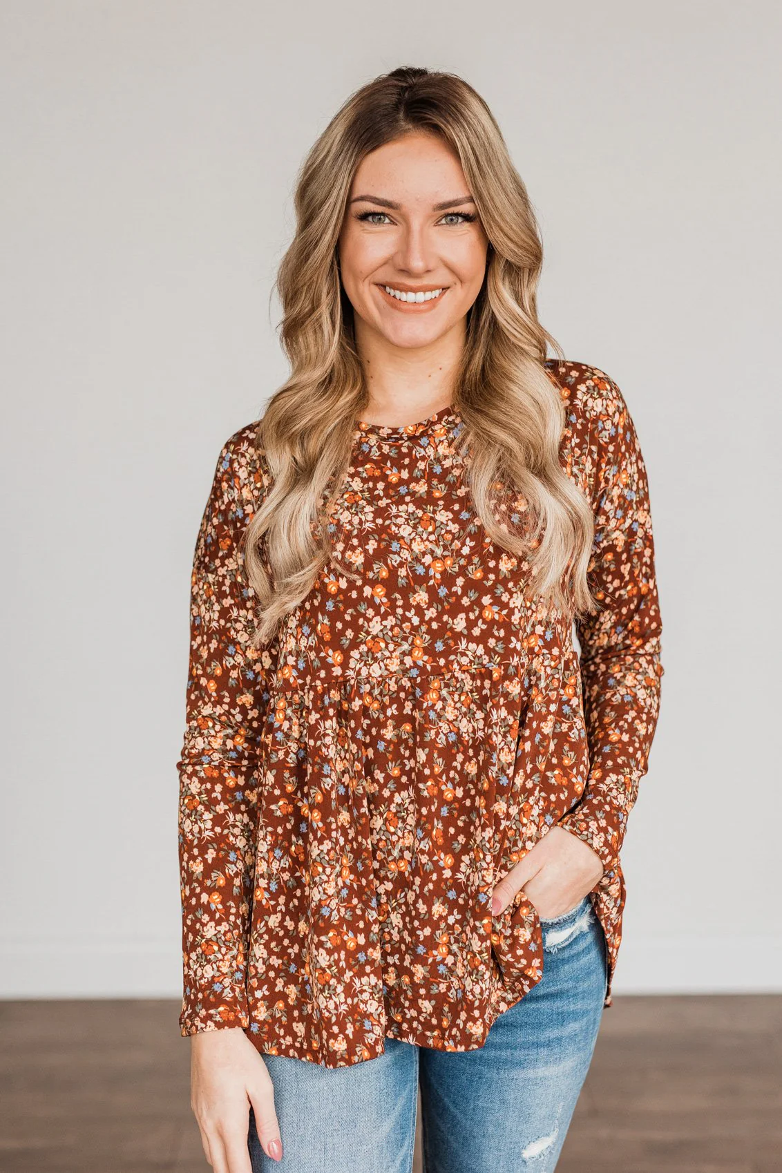 Fall Getaway Floral Babydoll Top- Rust - Image 7