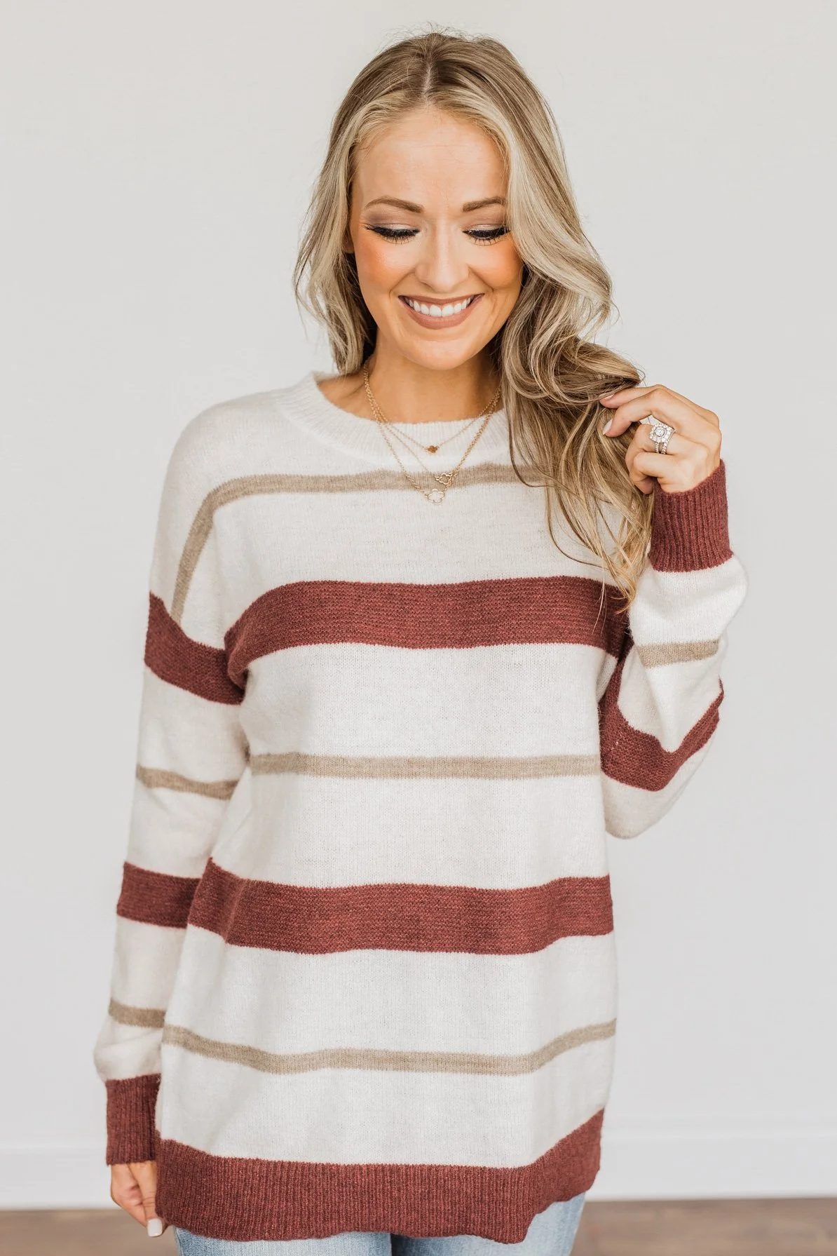 Fall Impressions Striped Sweater- Ivory, Brick & Taupe - Image 5
