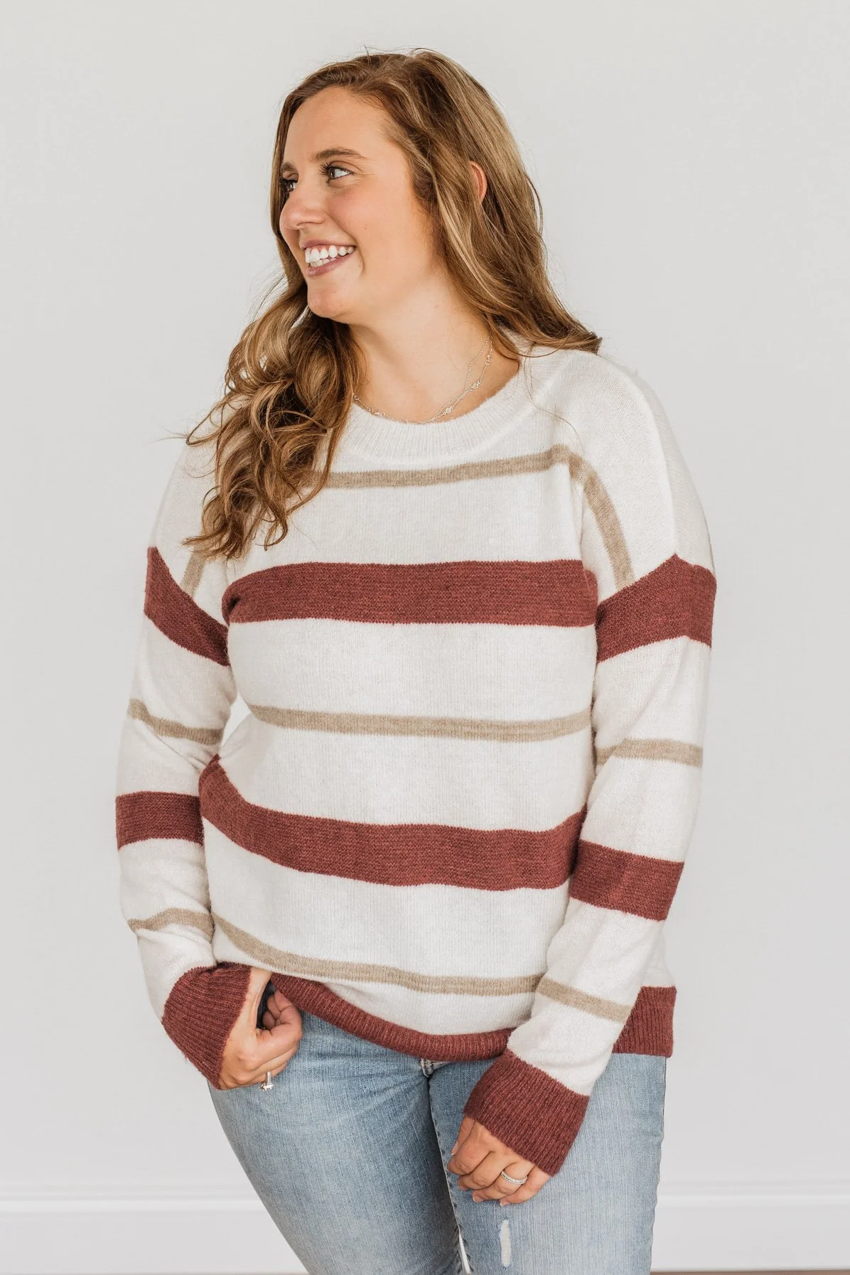 Fall Impressions Striped Sweater- Ivory, Brick & Taupe - Image 6
