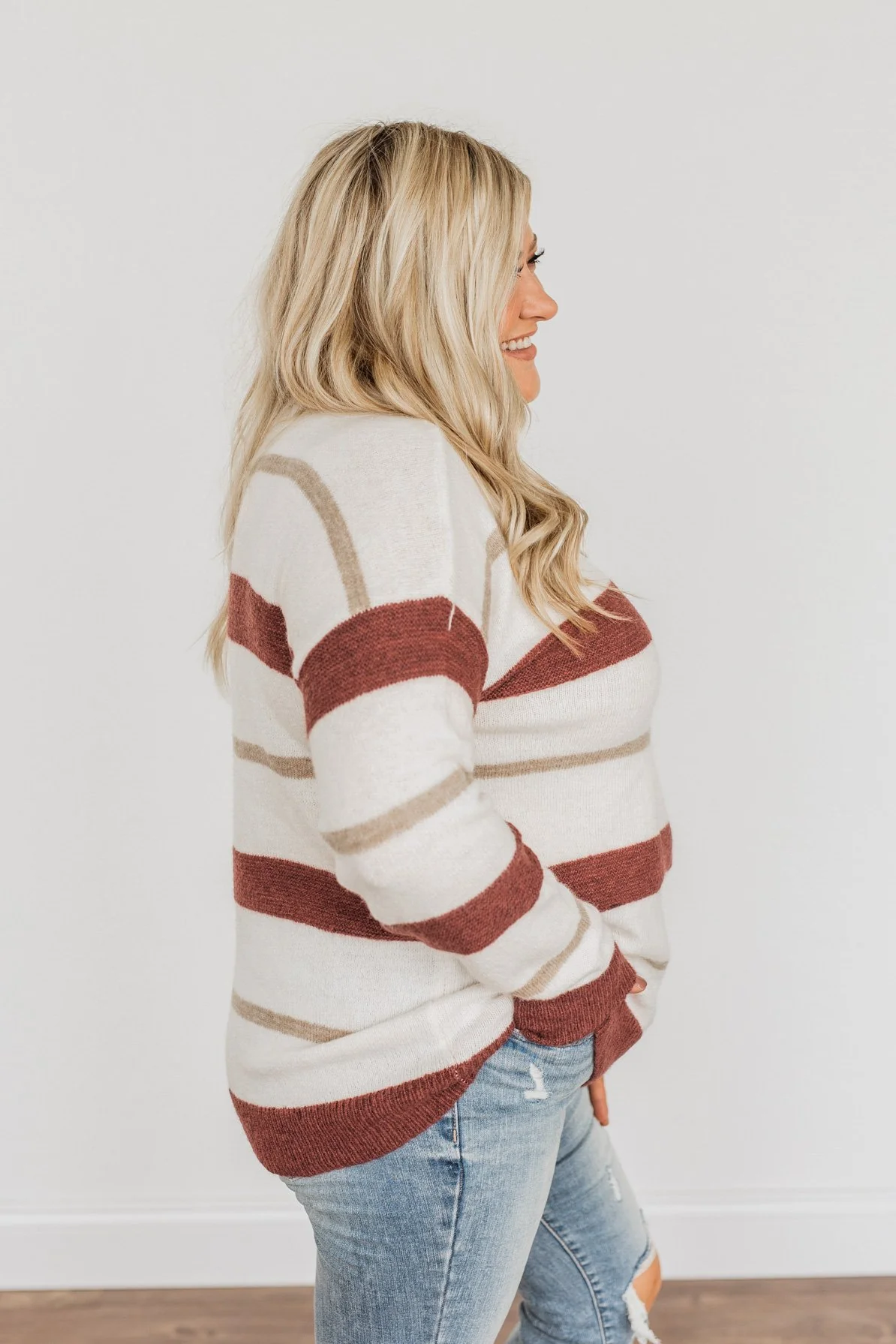 Fall Impressions Striped Sweater- Ivory, Brick & Taupe - Image 8