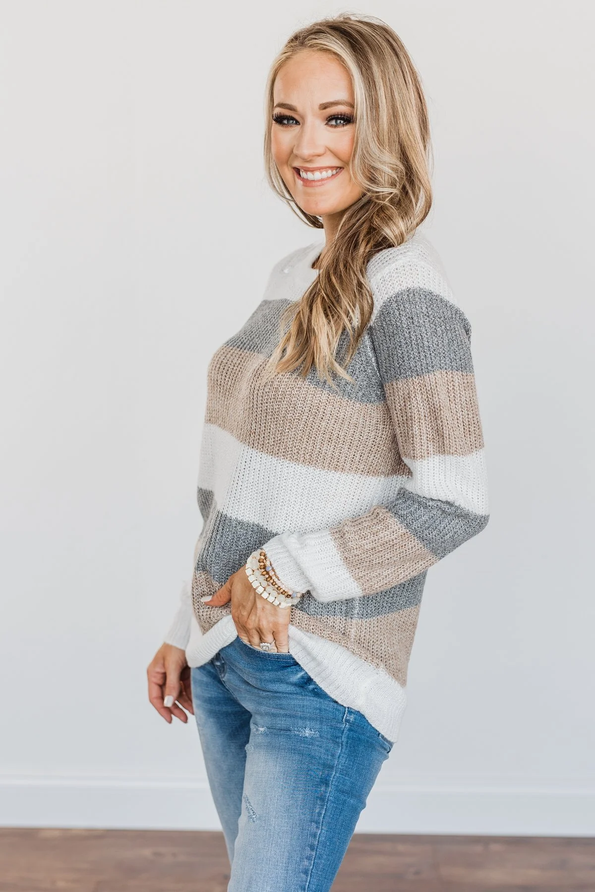 Fall Into Autumn Color Block Knit Sweater- Ivory, Grey & Tan - Image 7