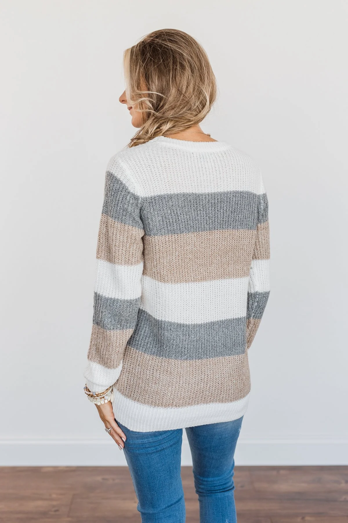Fall Into Autumn Color Block Knit Sweater- Ivory, Grey & Tan - Image 9
