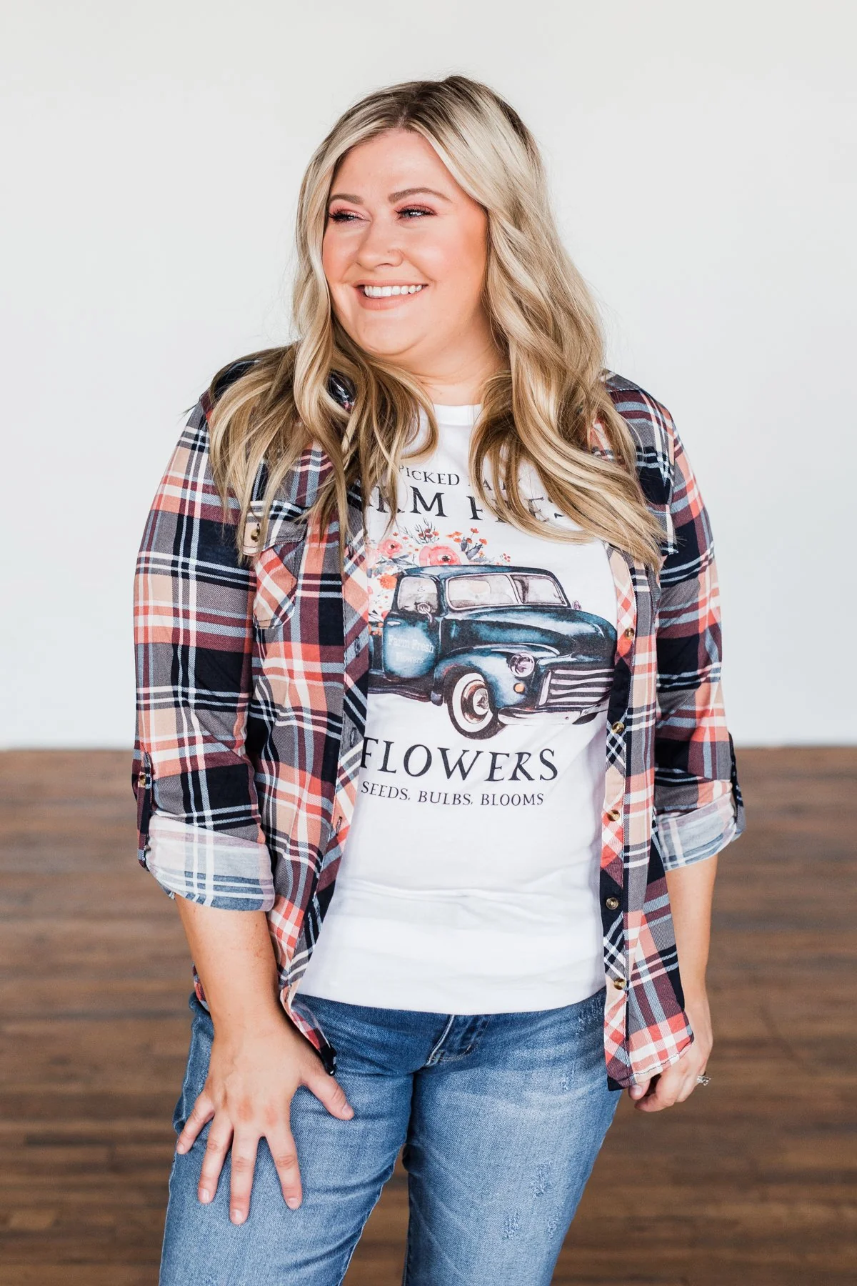Fall Into The Night Plaid Button Top- Navy, Coral, Tan - Image 2