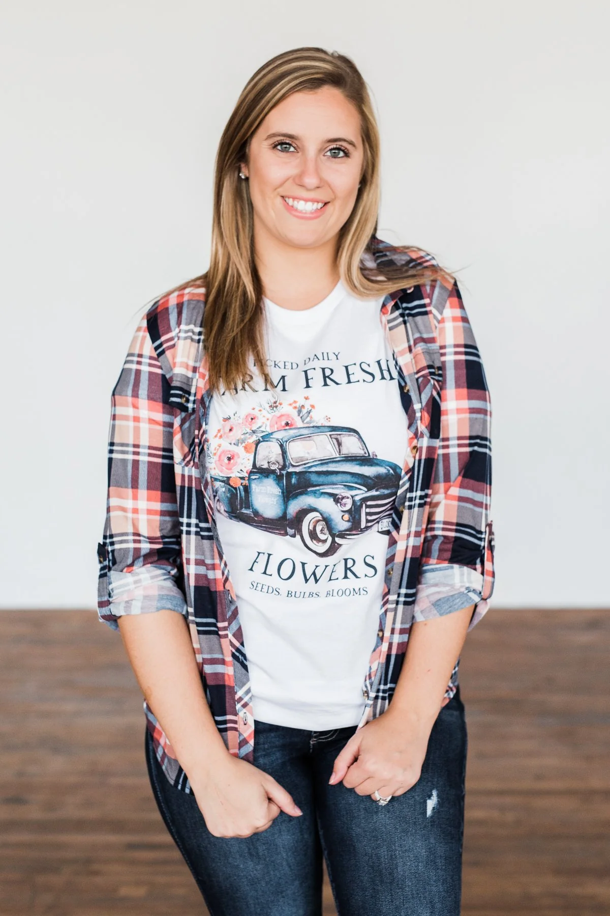 Fall Into The Night Plaid Button Top- Navy, Coral, Tan - Image 3