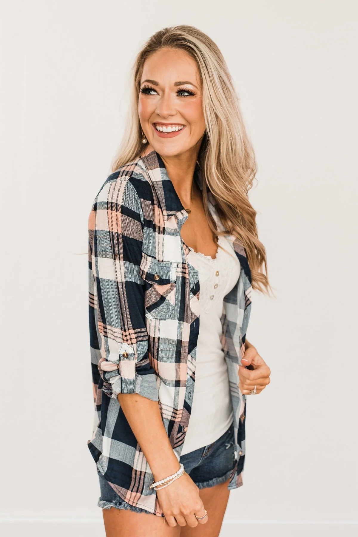 Fall Into The Night Plaid Button Top- Peach, Navy, & Ivory - Image 2