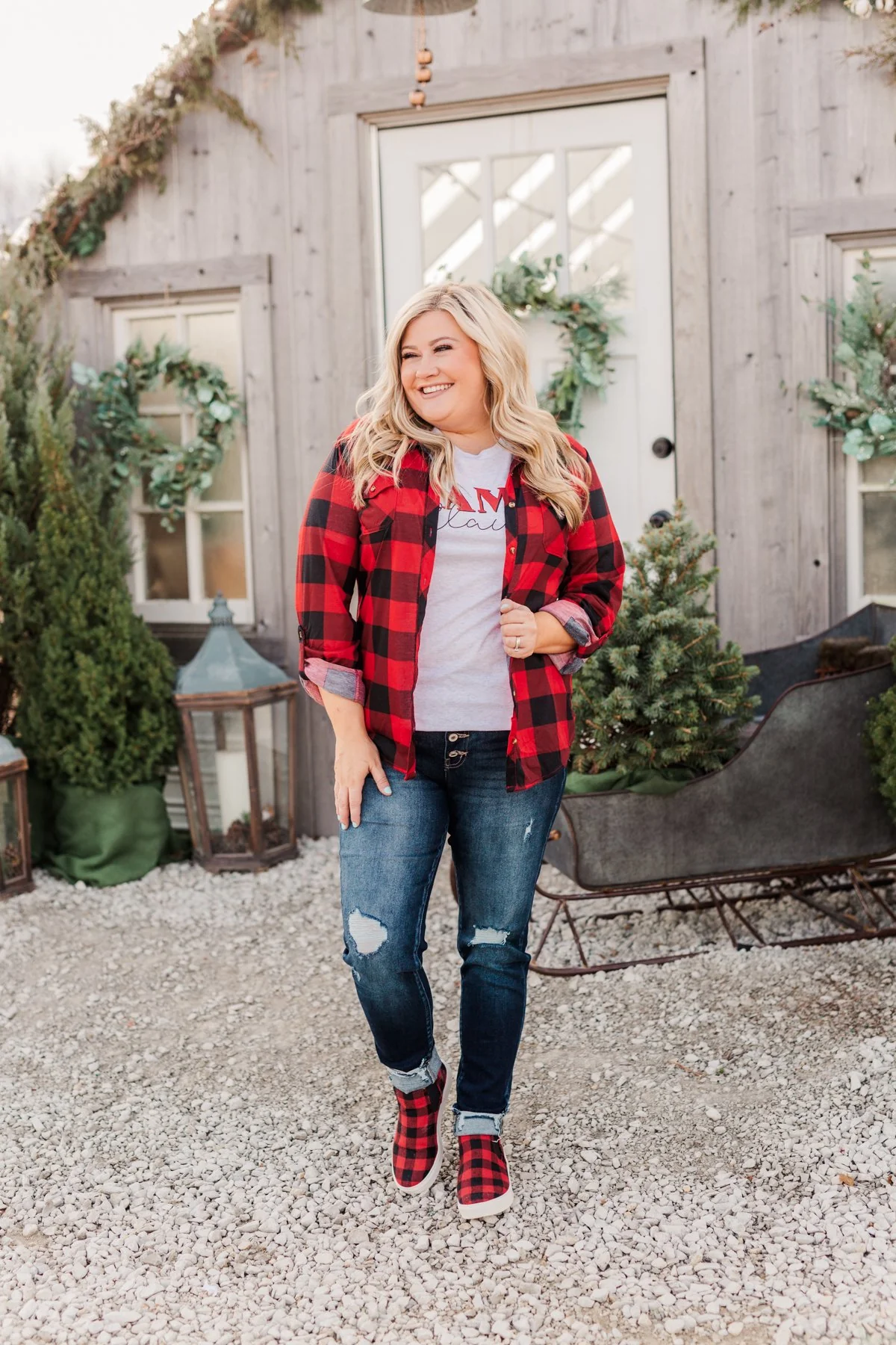 Fall Into The Night Plaid Button Top- Red & Black - Image 3