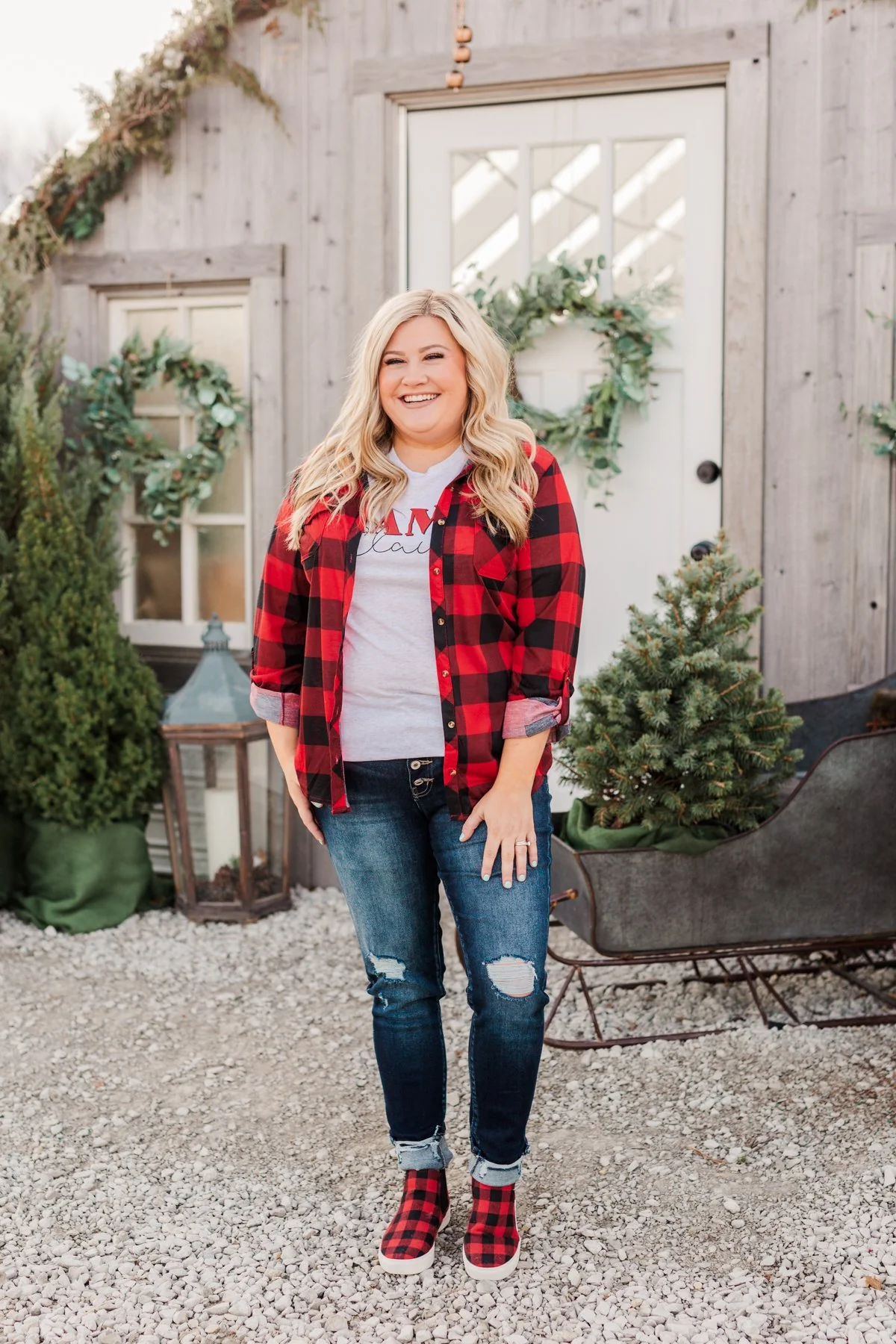 Fall Into The Night Plaid Button Top- Red & Black - Image 7