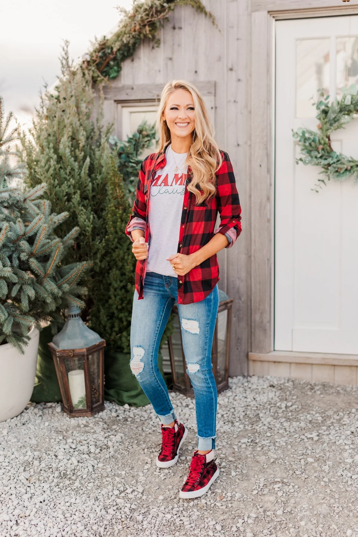 Fall Into The Night Plaid Button Top- Red & Black - Image 8