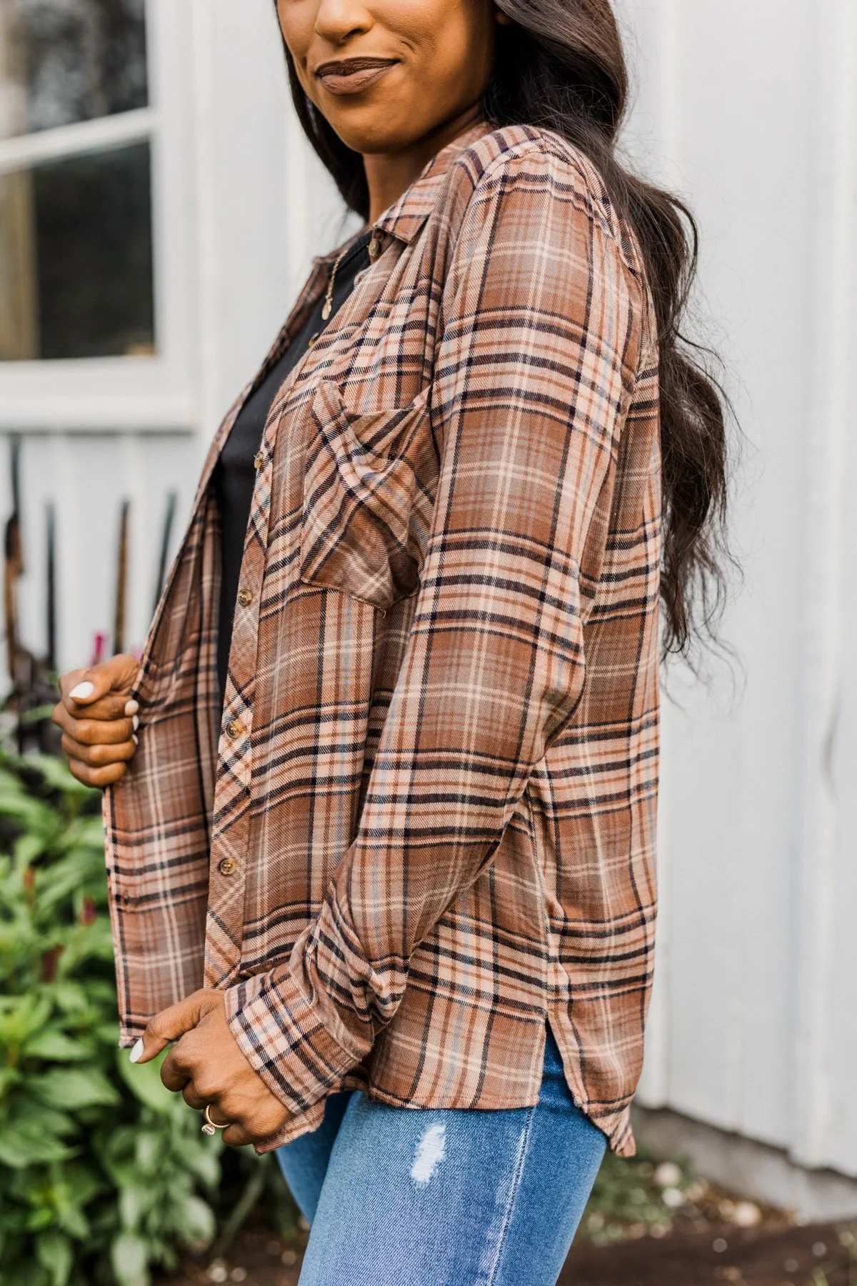 Fall Into The Season Button Plaid Top- Brown, Light Peach, & Grey - Image 6