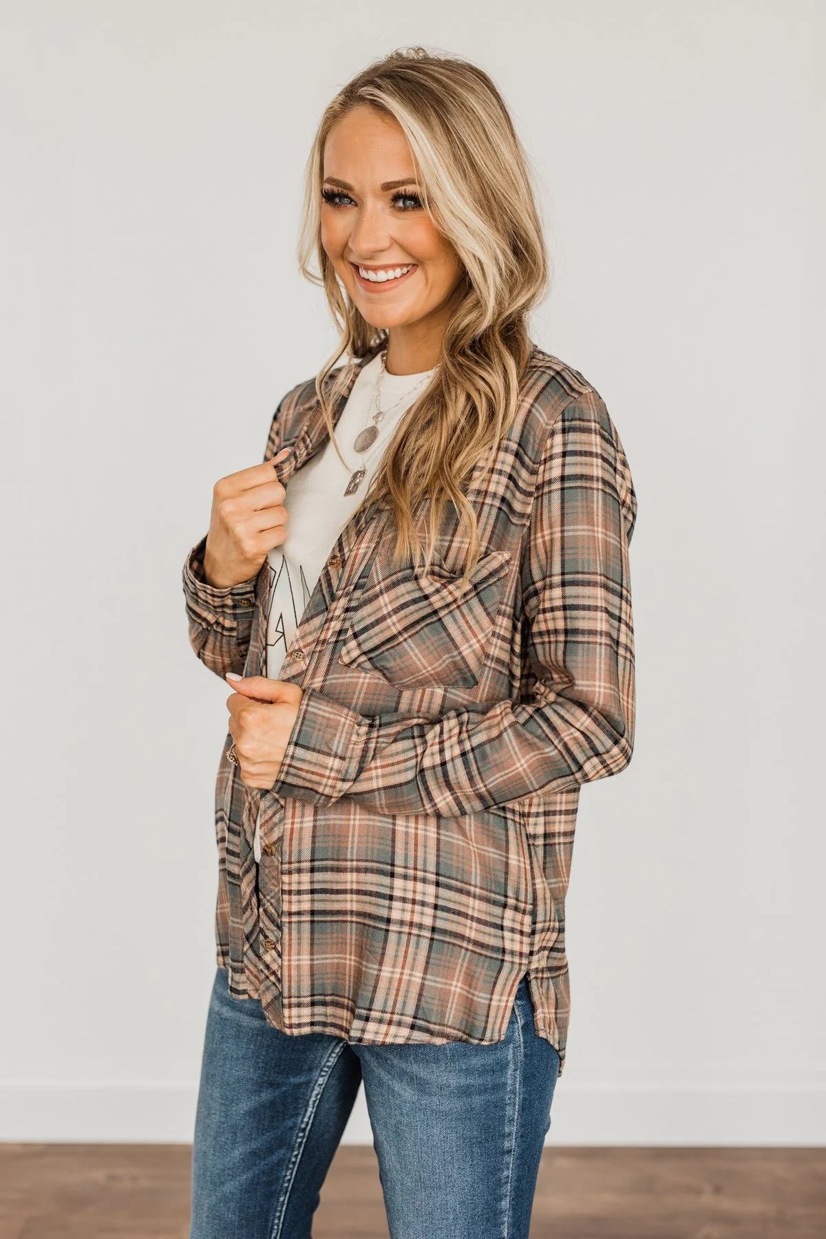Fall Into The Season Button Plaid Top- Dusty Teal, Mocha, & Oatmeal - Image 2