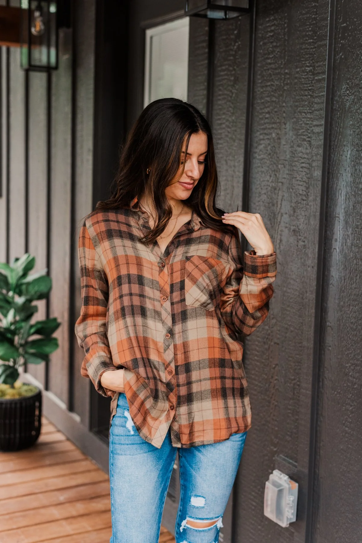 Fall Is Brewing Button Down Plaid Top- Rust & Taupe - Image 5