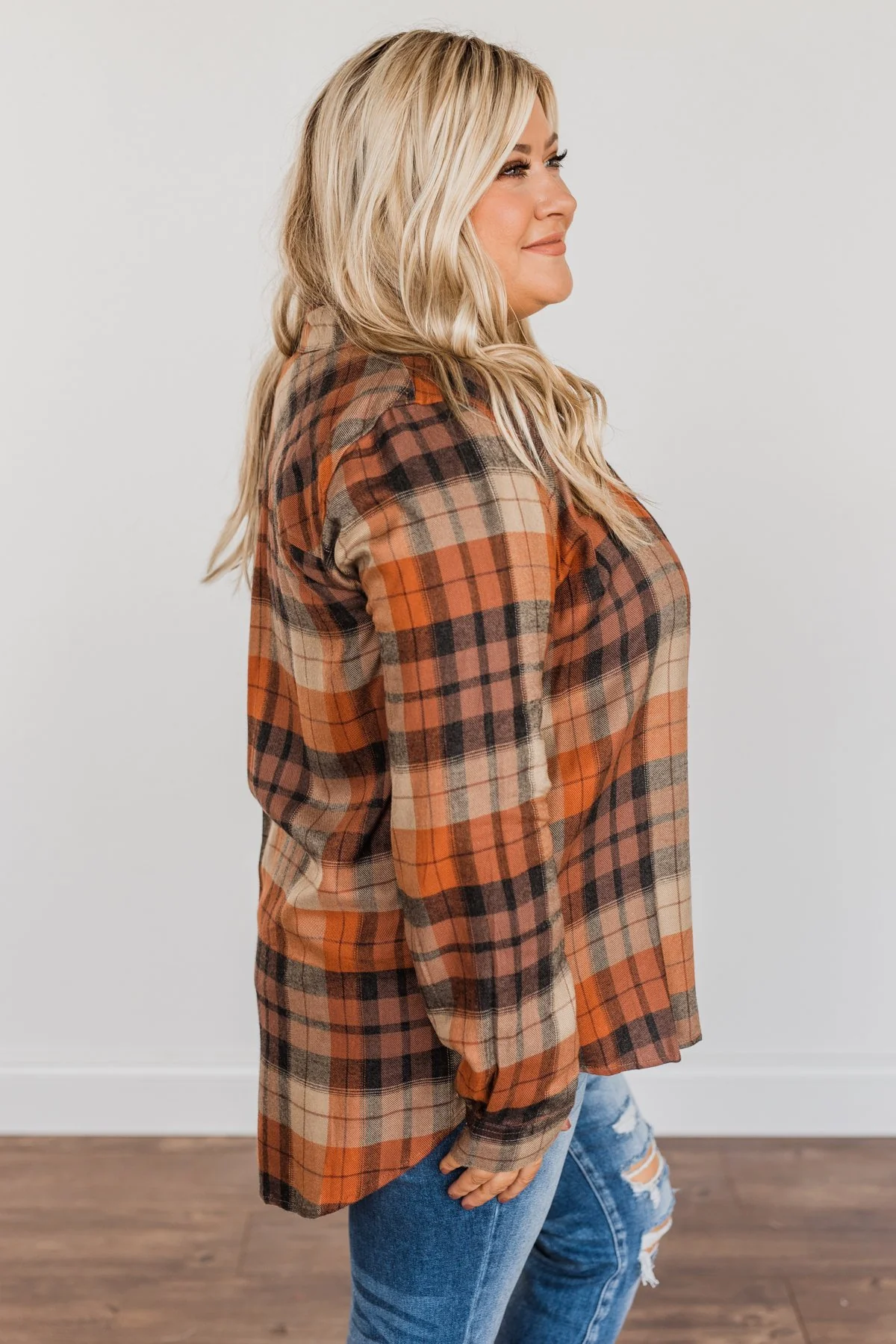 Fall Is Brewing Button Down Plaid Top- Rust & Taupe - Image 8