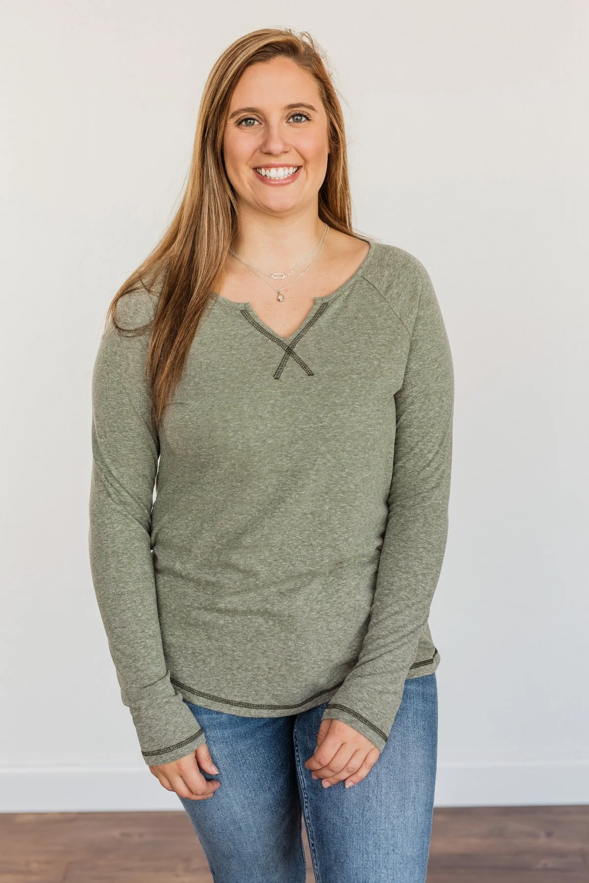 Fall Nights Long Sleeve Notch Top- Olive - Image 6