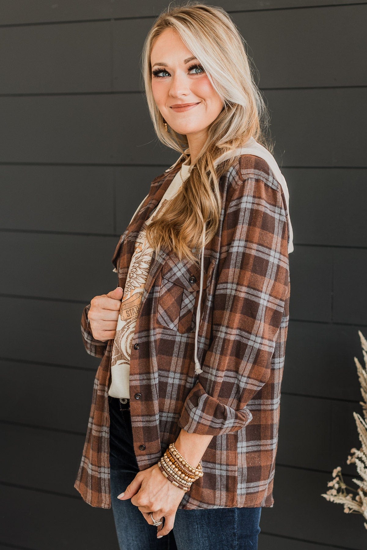 Falling Again Plaid Hooded Top- Chocolate - Image 6