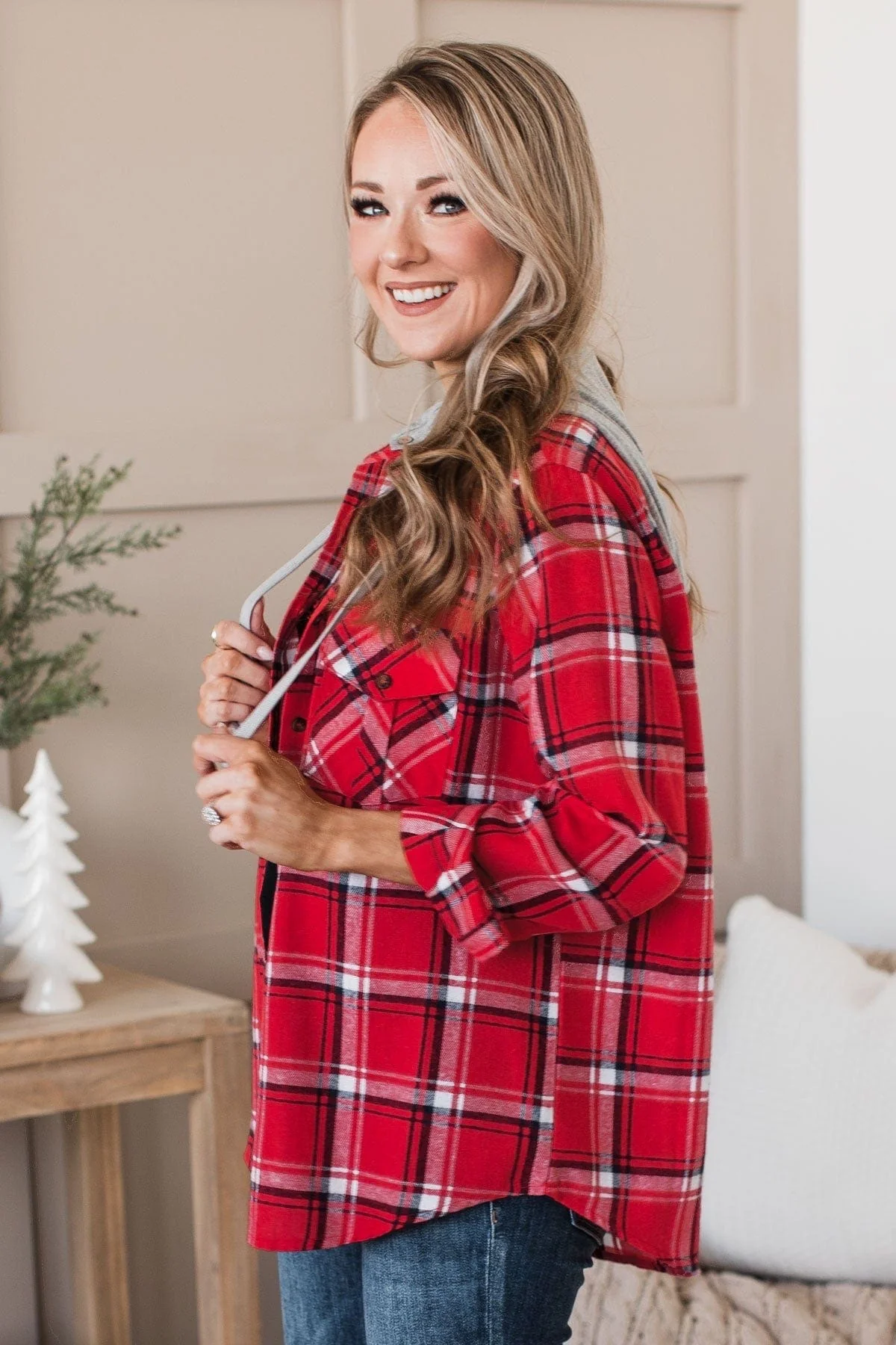 Falling Again Plaid Hooded Top- Red - Image 3