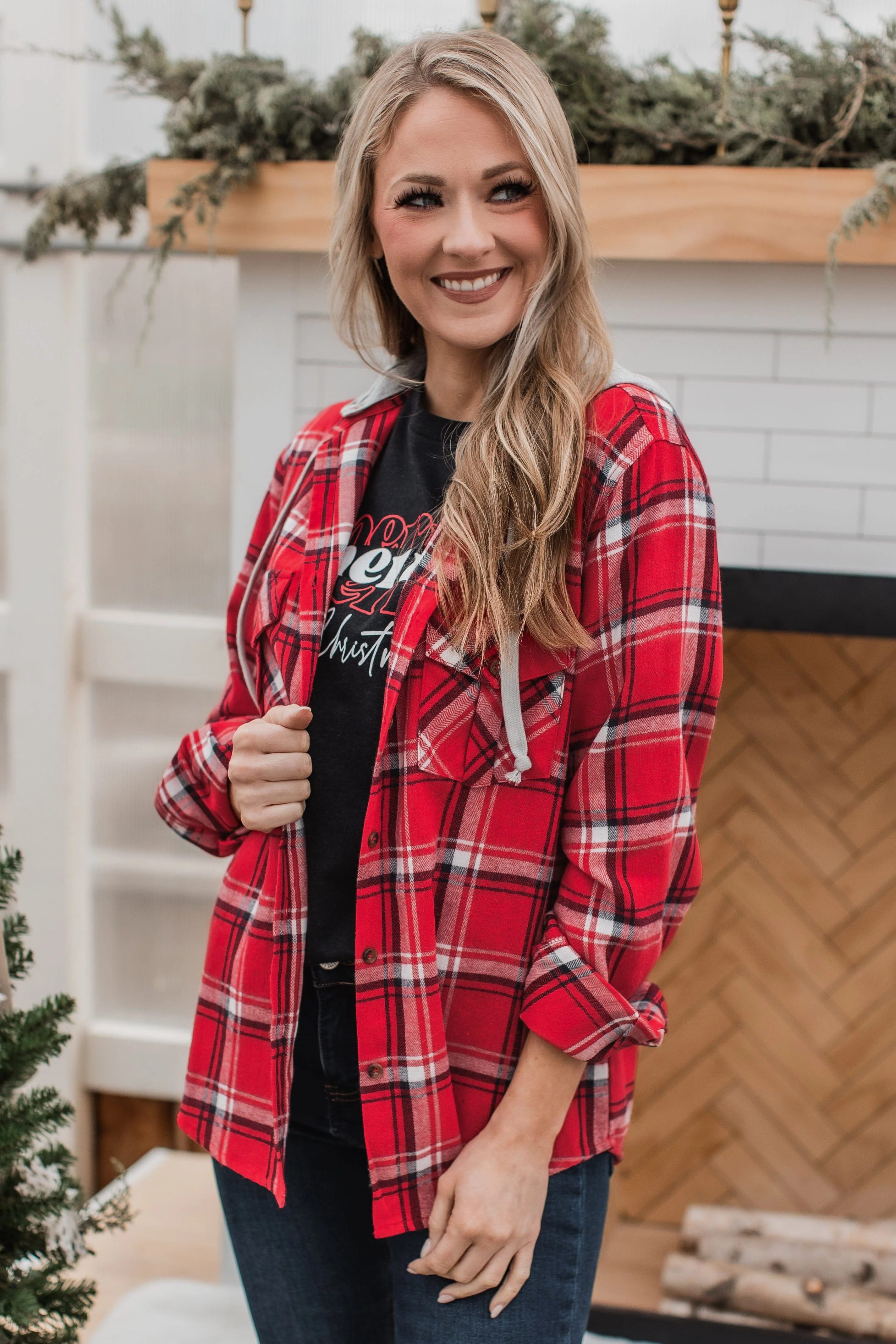 Falling Again Plaid Hooded Top- Red - Image 4