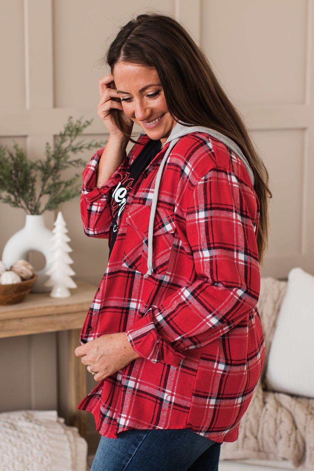 Falling Again Plaid Hooded Top- Red - Image 5