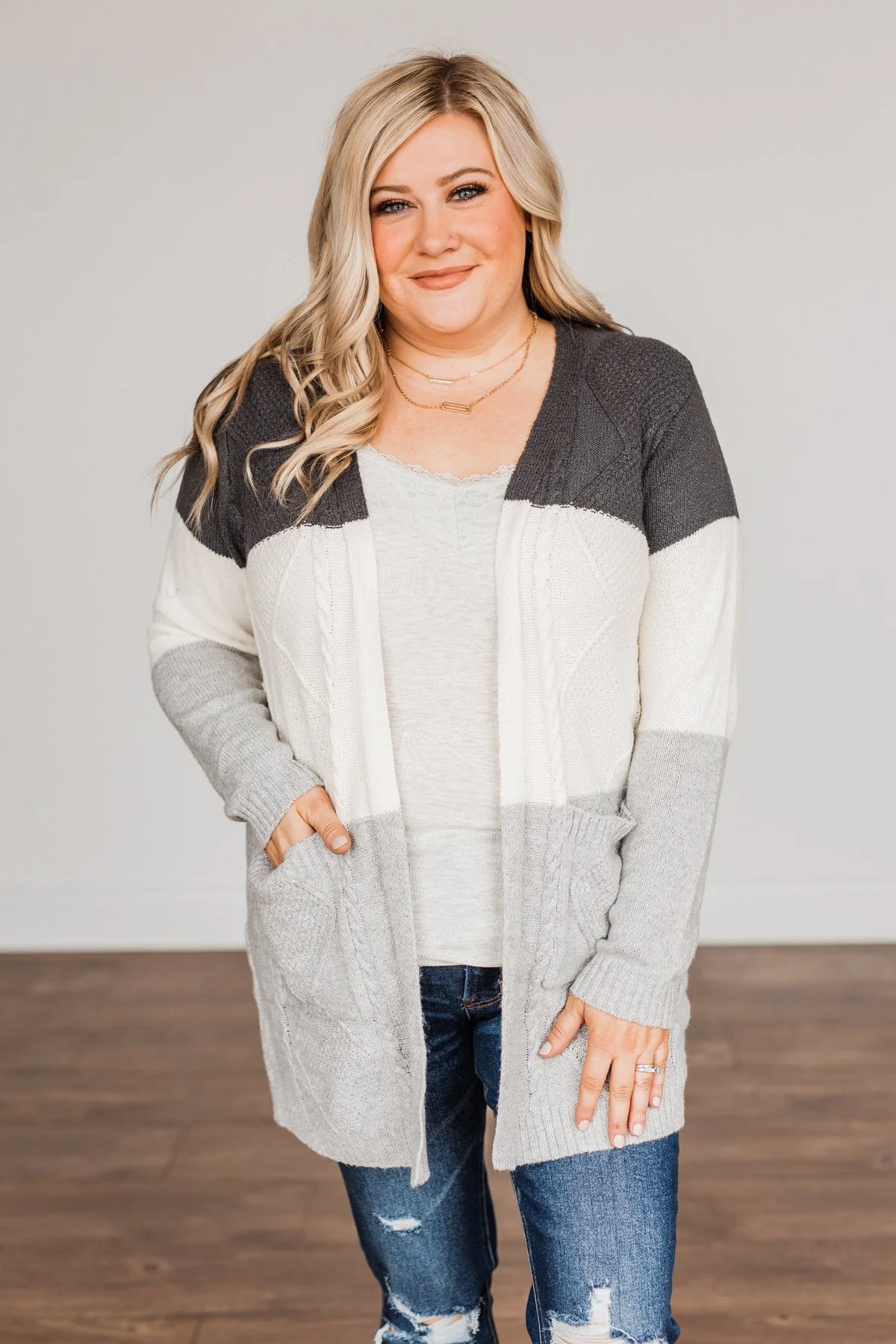 Falling Beauty Color Block Cardigan- Charcoal & Ivory - Image 2