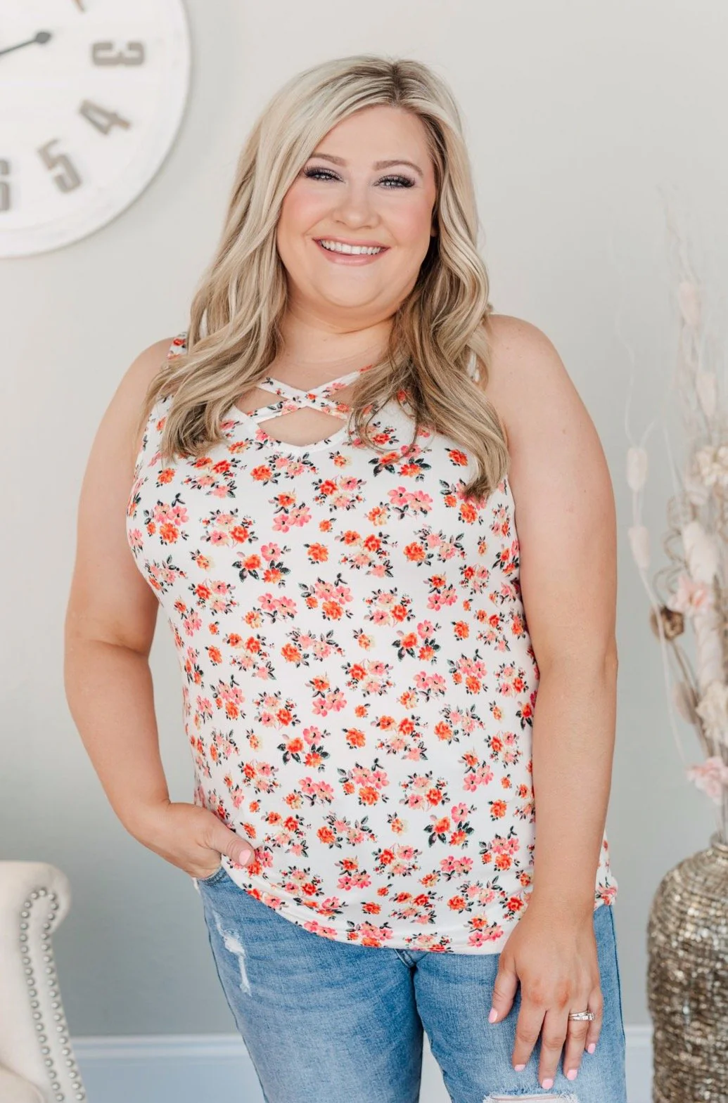 Falling Flowers Criss Cross Tank- Ivory