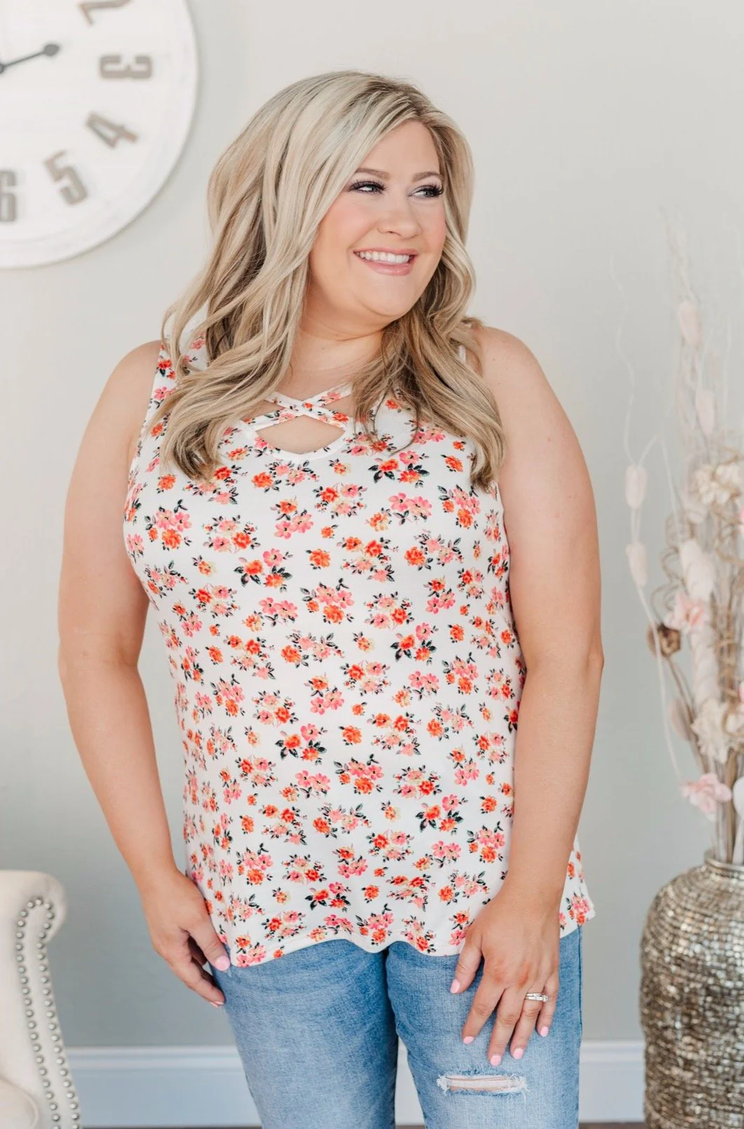 Falling Flowers Criss Cross Tank- Ivory - Image 4