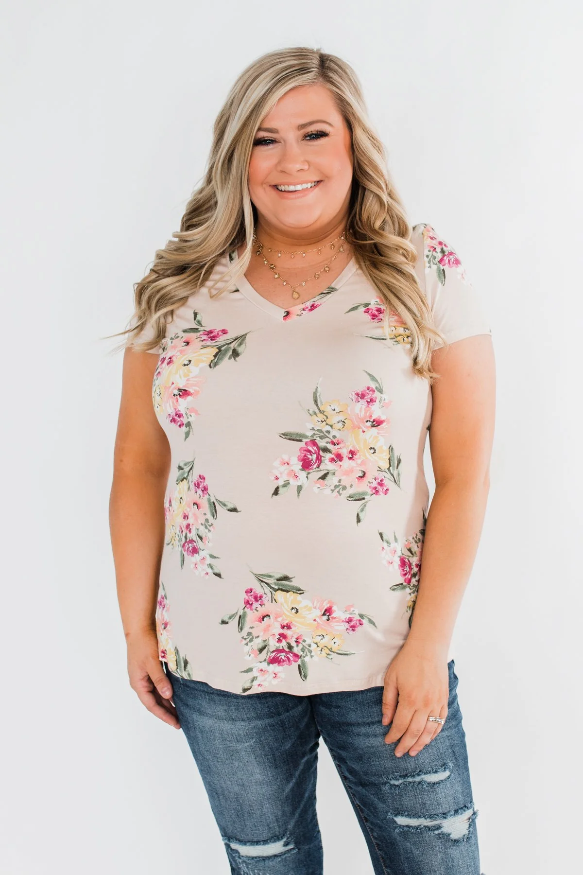 Falling For Floral V-Neck Top- Light Peach - Image 3