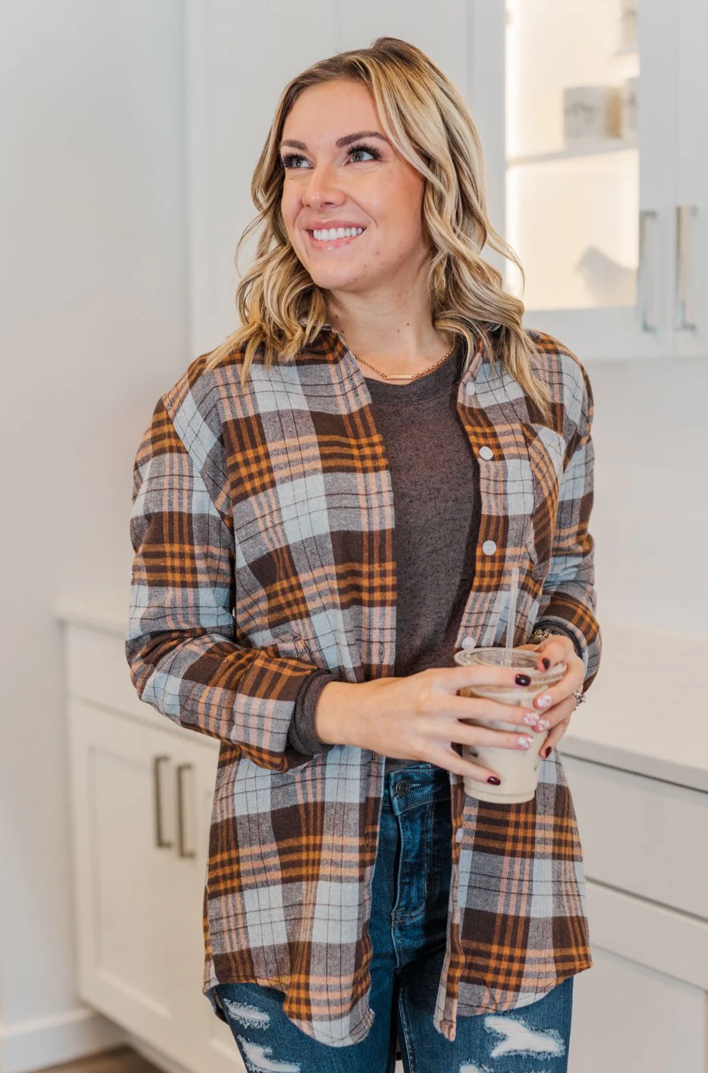 Falling For Your Smile Plaid Flannel- Grey & Brown - Image 4