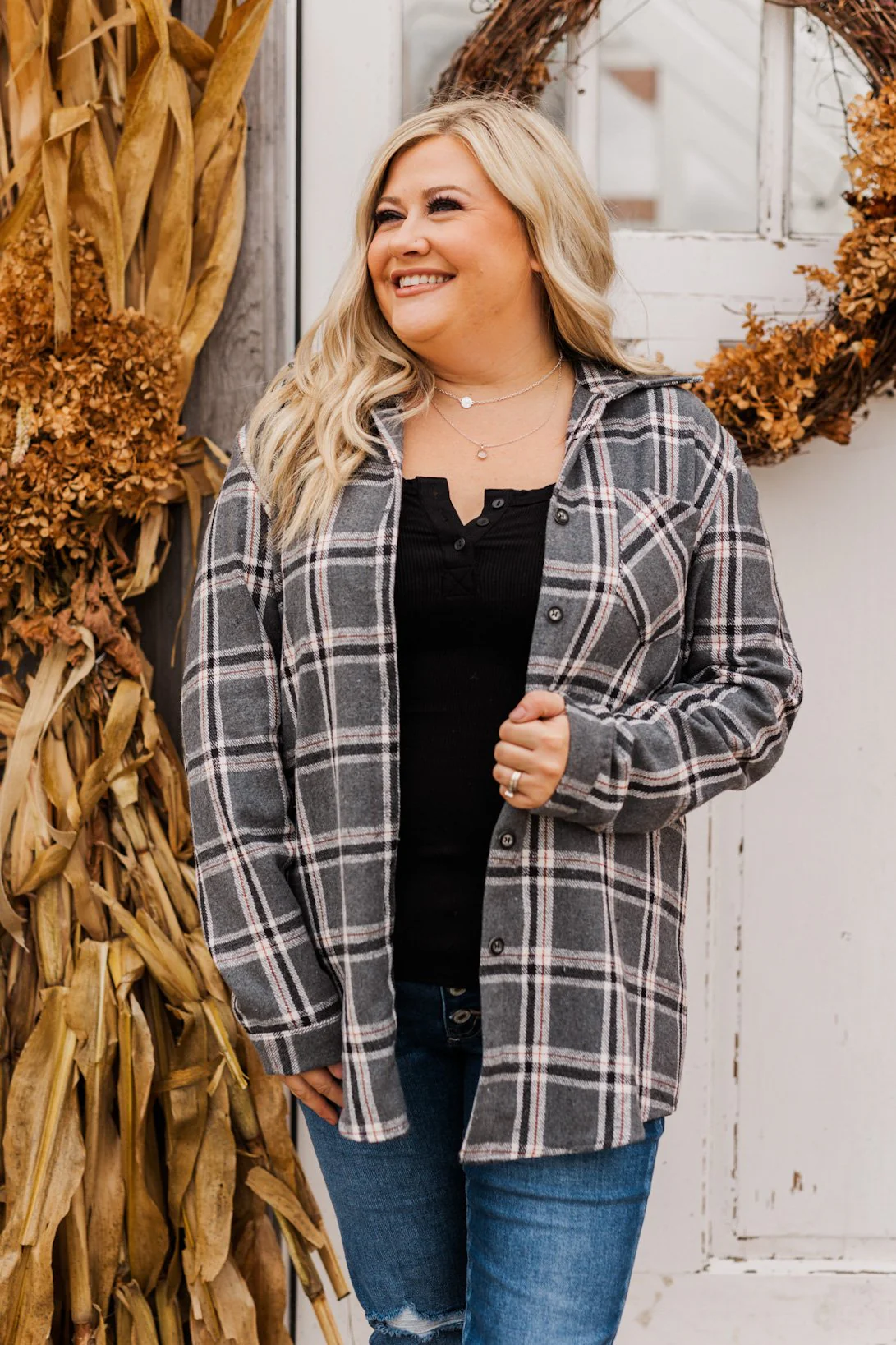 Falling For Your Smile Plaid Flannel- Grey & Ivory - Image 10