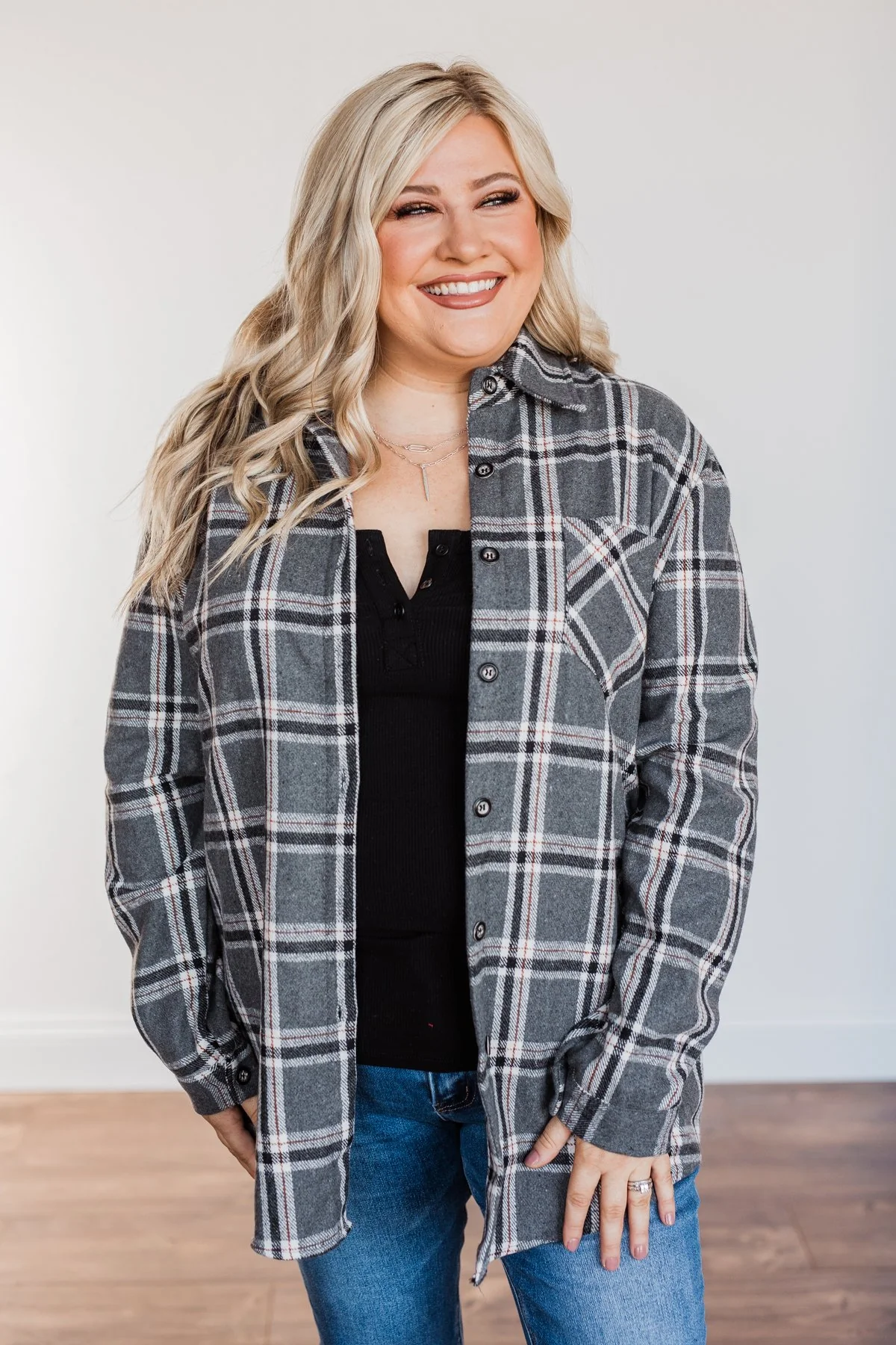 Falling For Your Smile Plaid Flannel- Grey & Ivory - Image 16