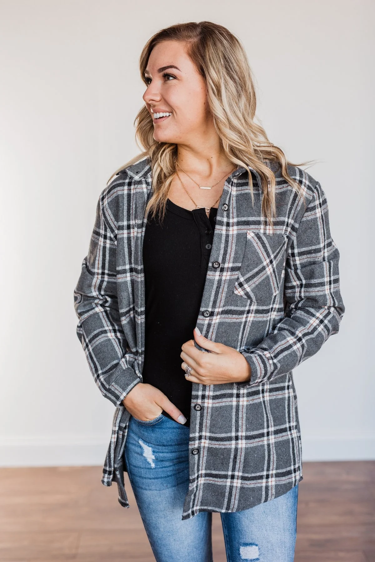 Falling For Your Smile Plaid Flannel- Grey & Ivory - Image 5