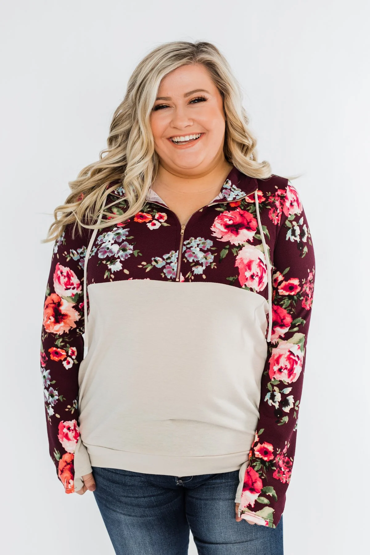 Fantastic Floral 1/4 Zip Hoodie- Burgundy - Image 6