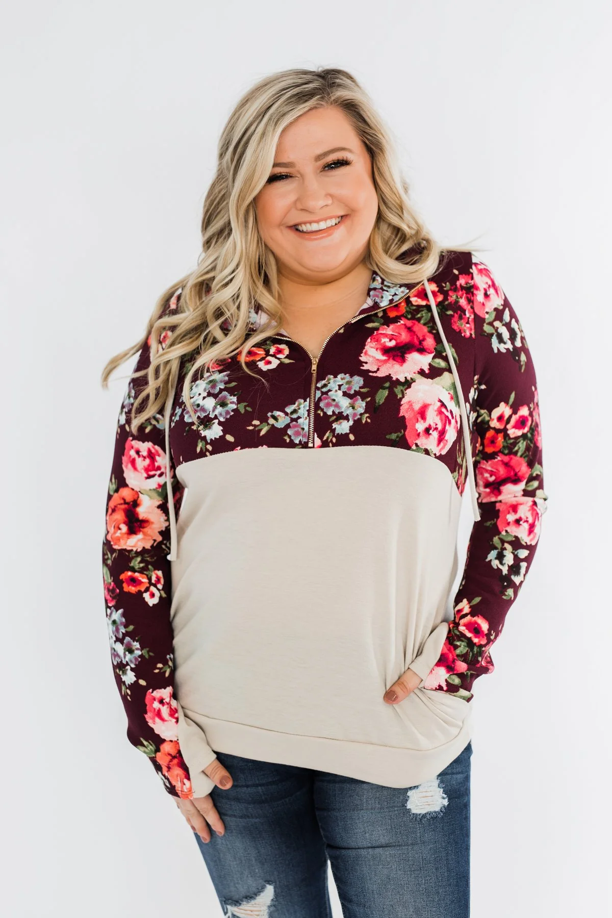 Fantastic Floral 1/4 Zip Hoodie- Burgundy - Image 8