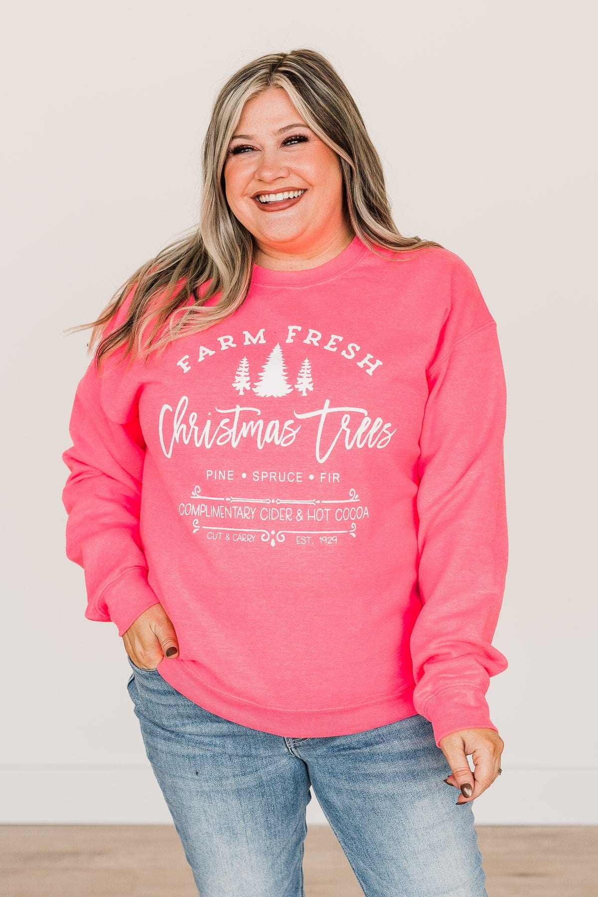 "Farm Fresh Christmas Trees" Graphic Crewneck- Neon Pink - Image 3