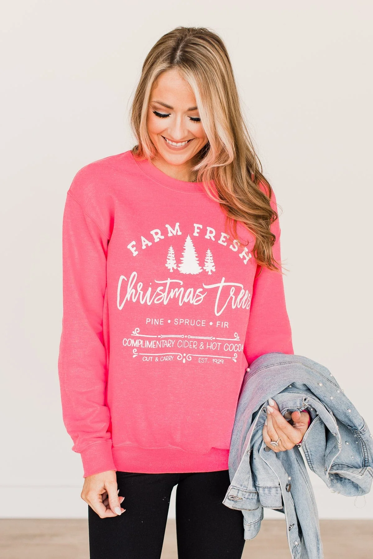 "Farm Fresh Christmas Trees" Graphic Crewneck- Neon Pink - Image 4