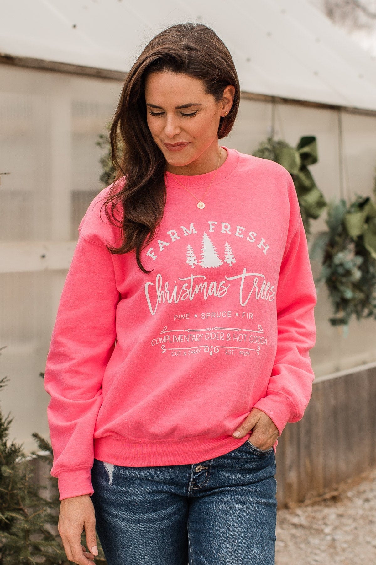 "Farm Fresh Christmas Trees" Graphic Crewneck- Neon Pink - Image 5