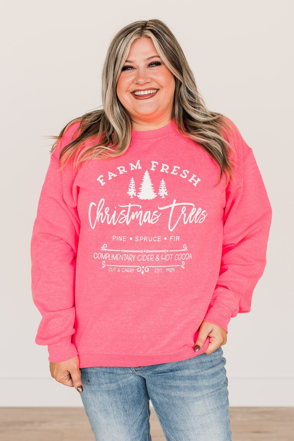 "Farm Fresh Christmas Trees" Graphic Crewneck- Neon Pink - Image 9