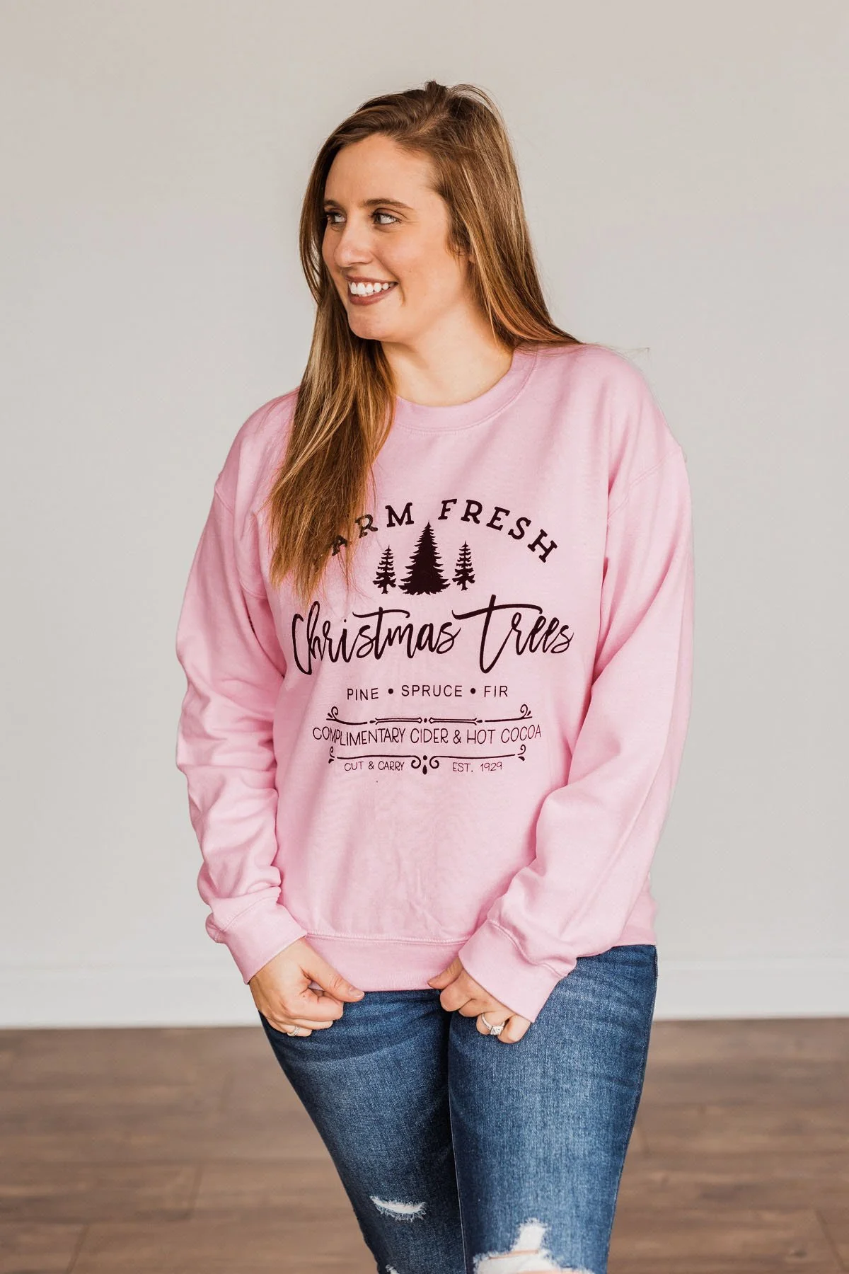 "Farm Fresh Christmas Trees" Graphic Crewneck- Light Pink - Image 2