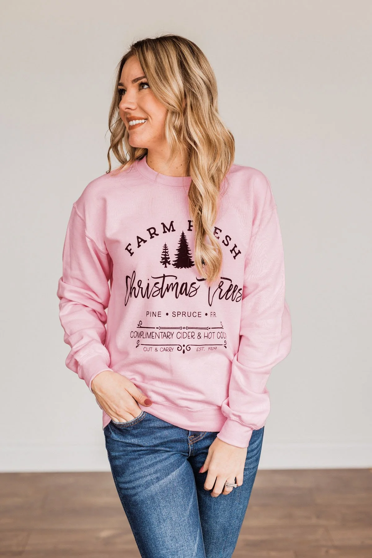"Farm Fresh Christmas Trees" Graphic Crewneck- Light Pink - Image 3