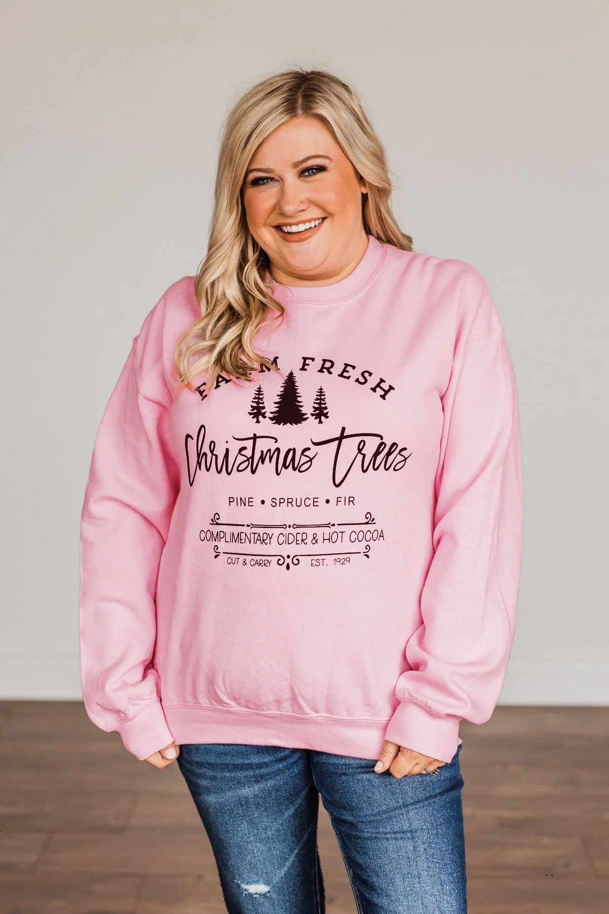 "Farm Fresh Christmas Trees" Graphic Crewneck- Light Pink - Image 4