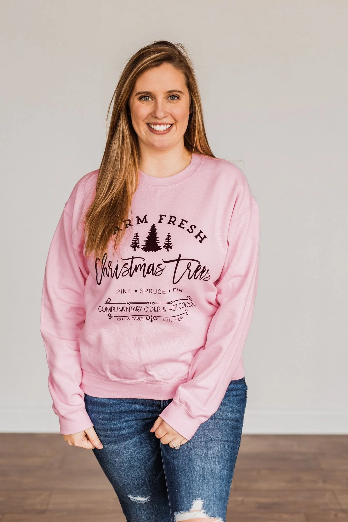 "Farm Fresh Christmas Trees" Graphic Crewneck- Light Pink - Image 5