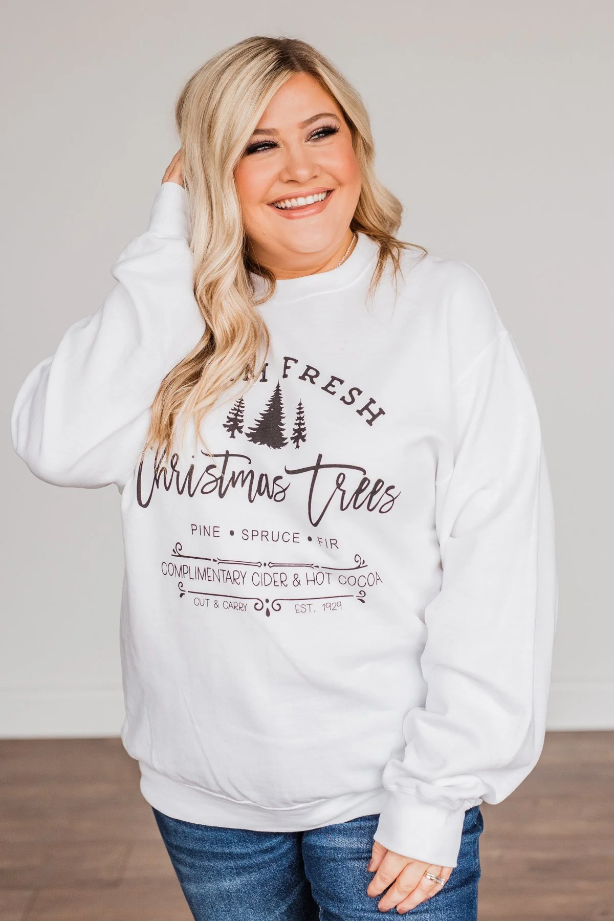"Farm Fresh Christmas Trees" Graphic Crewneck- White - Image 5