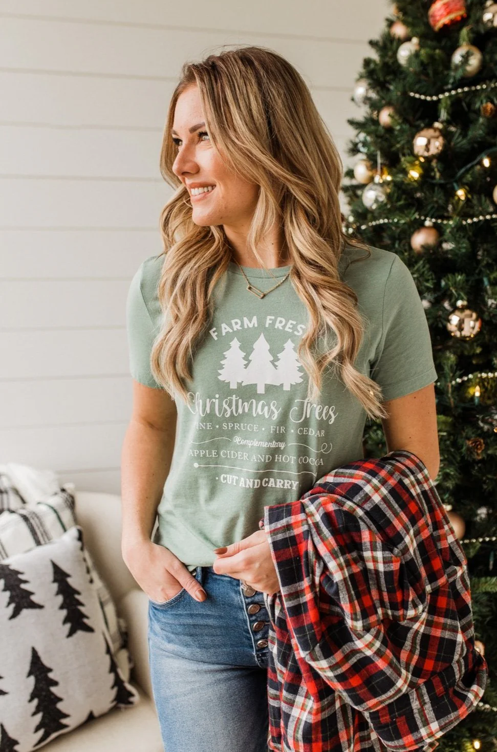 "Farm Fresh Christmas Trees" Graphic Tee- Sage - Image 5