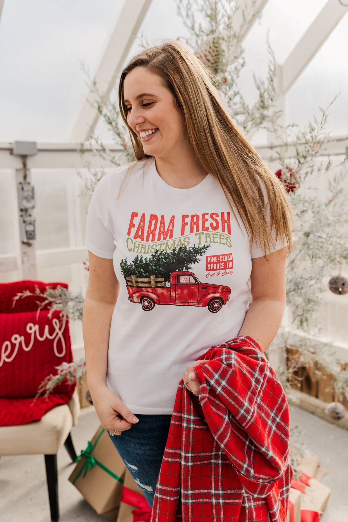 "Farm Fresh Christmas Trees" Truck Graphic Tee- White - Image 2