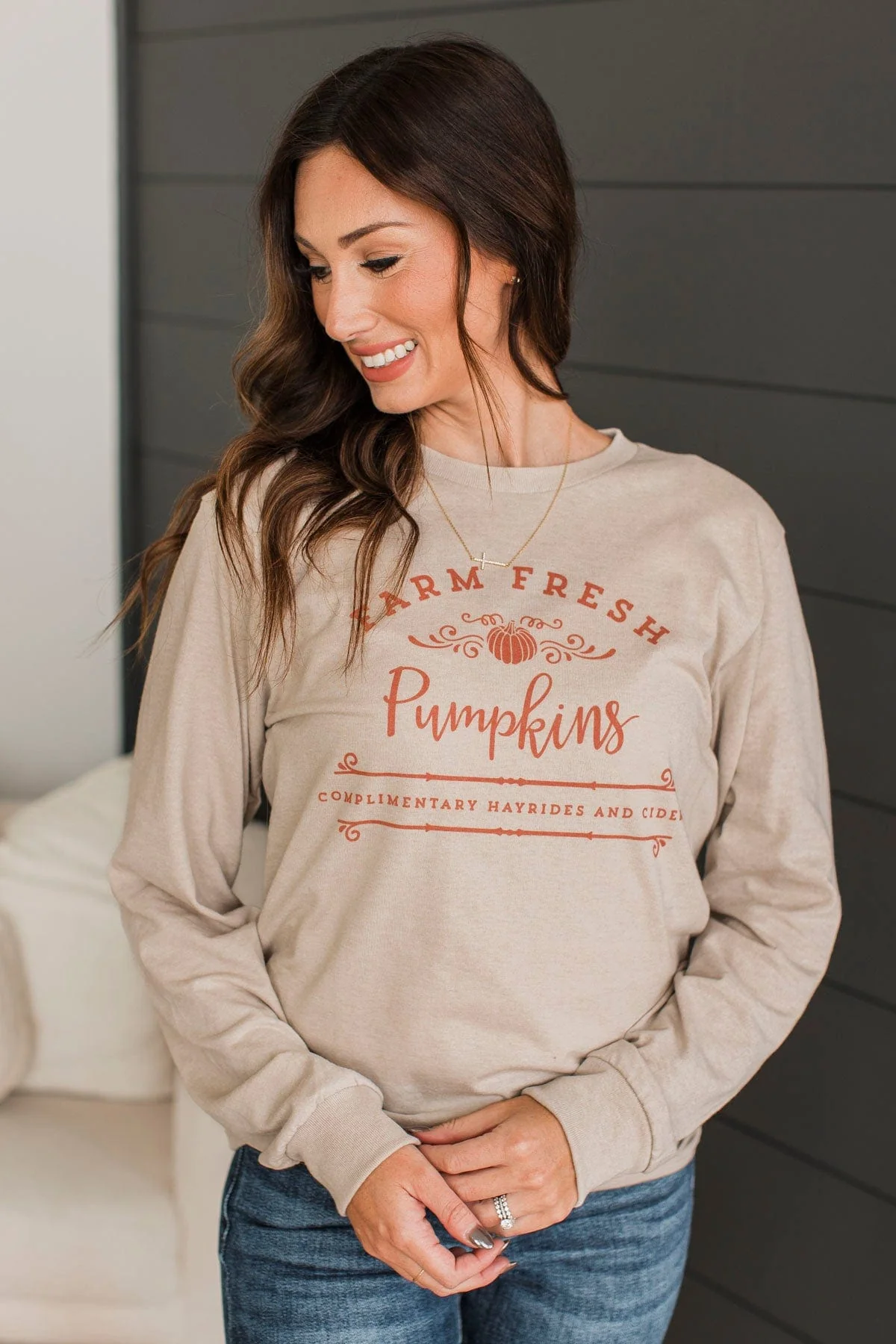 "Farm Fresh Pumpkins" Graphic Top- Light Taupe - Image 2