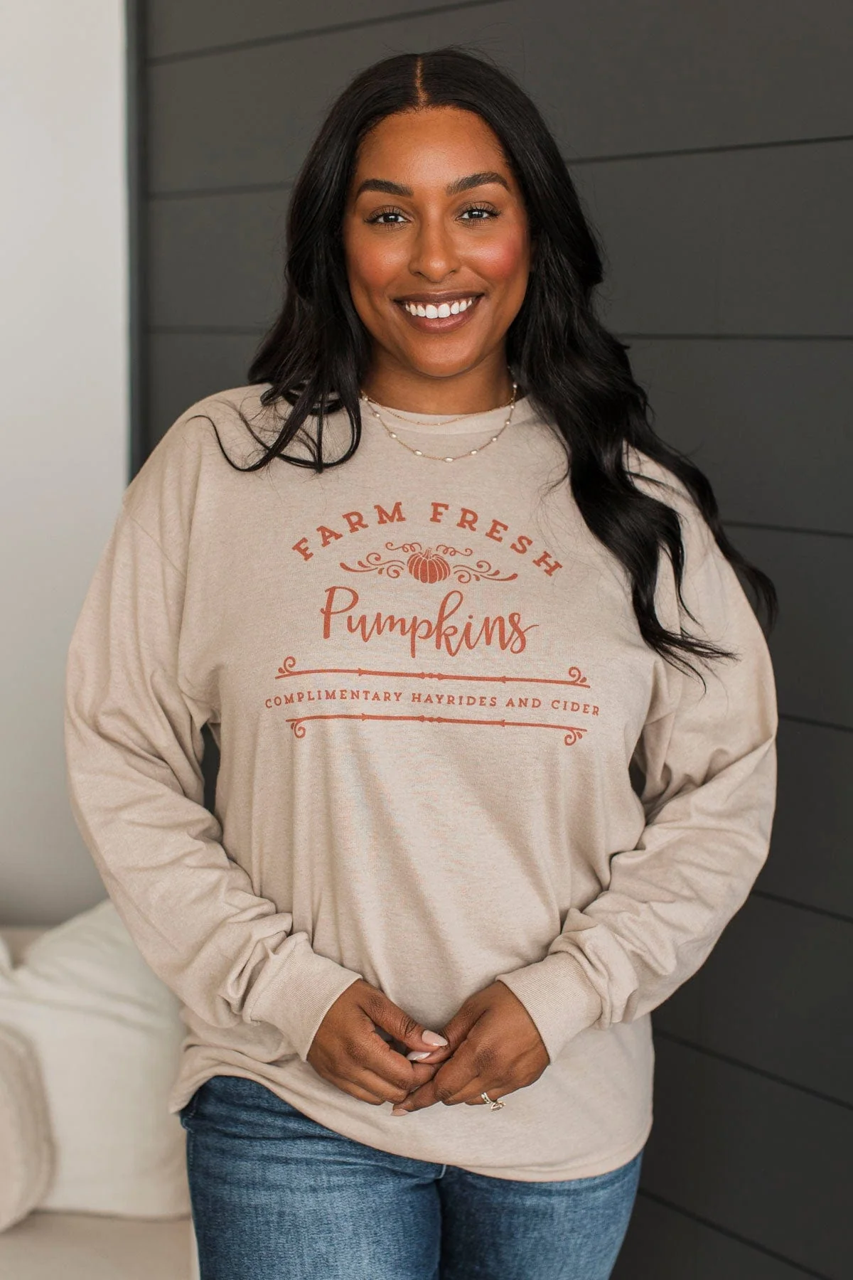 "Farm Fresh Pumpkins" Graphic Top- Light Taupe - Image 3
