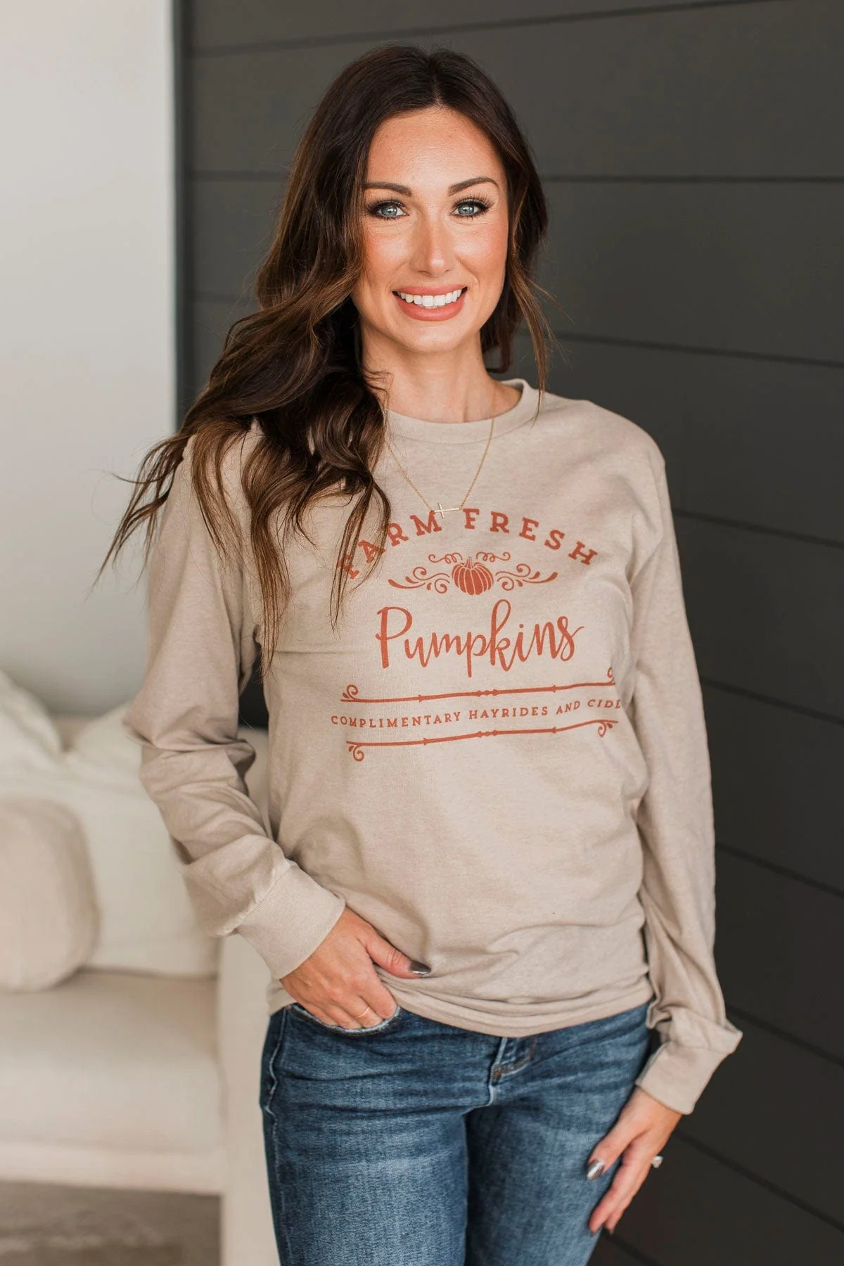 "Farm Fresh Pumpkins" Graphic Top- Light Taupe - Image 4